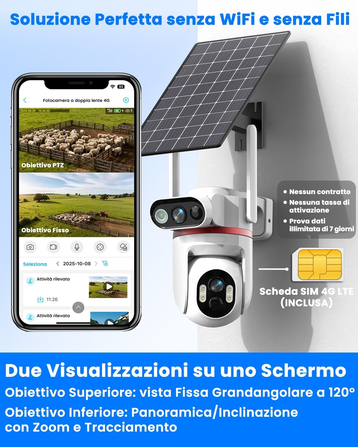 Thumbnail 1 de Telecamera solare 4G da esterno con doppia lente 4MP e tracciamento 360° (AOV) – 8W di pannello solare, 15800mAh