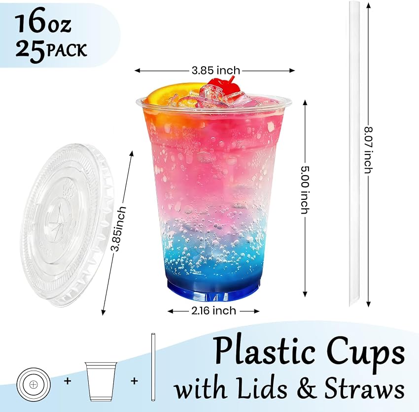 Thumbnail 1 de Cundao 16 oz Clear Cups with Lids and Straws, 25 Sets ⚡