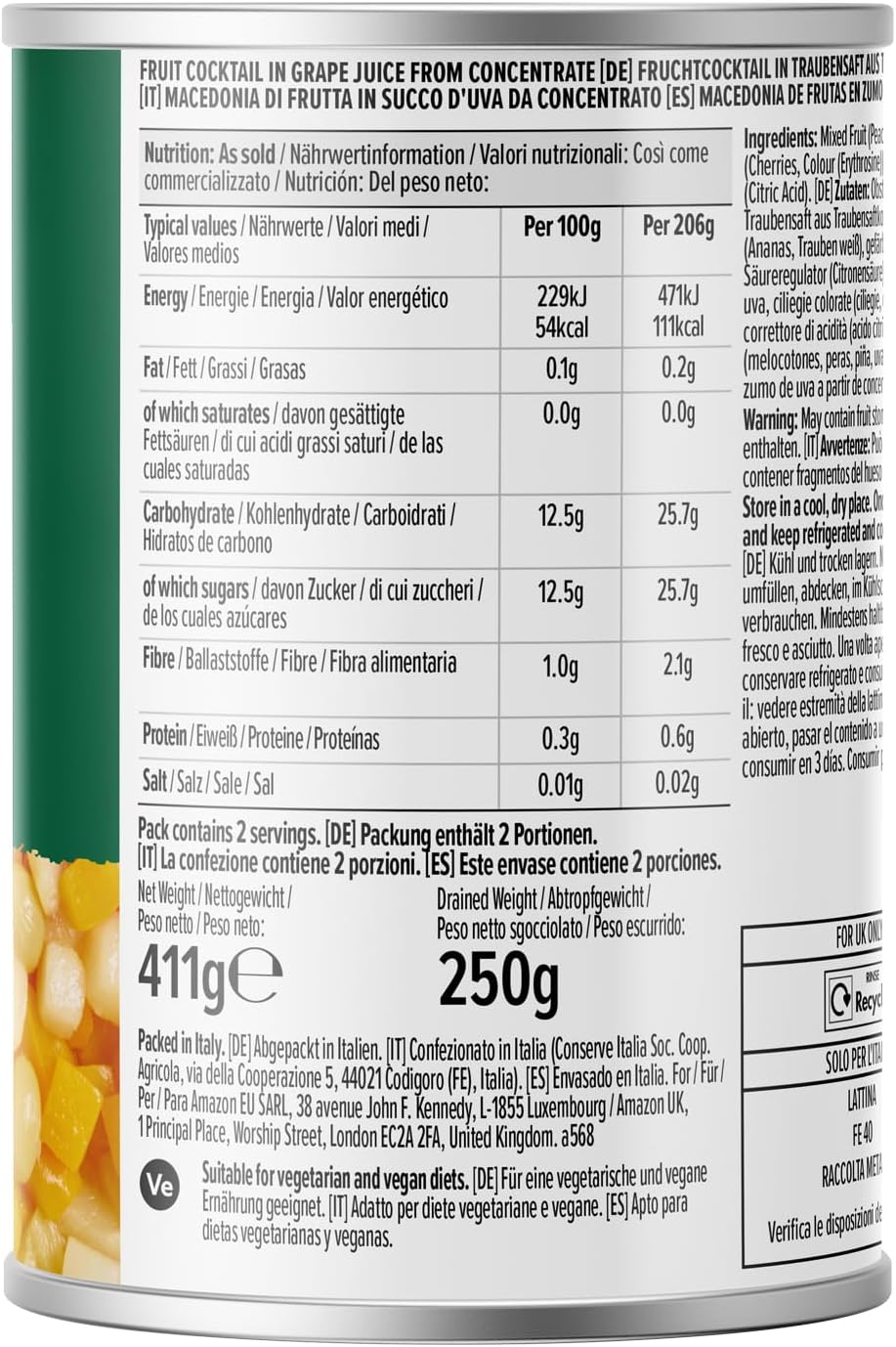 Detalle 2 de Macedonia di frutta in succo d'uva da concentrato, 411 g (2 porzioni)