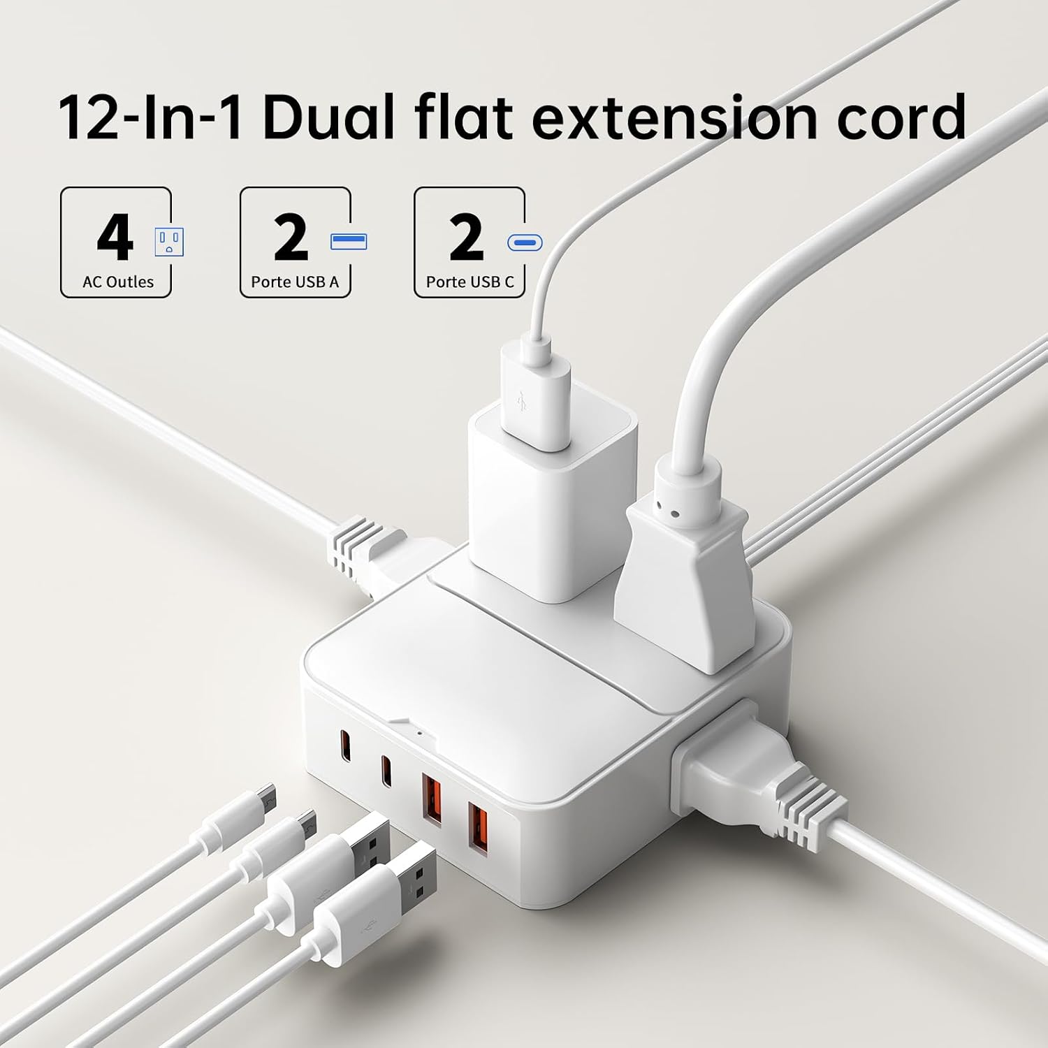 Detalle de VPSUN 12FT Split Extension Cord with Flat Plug, 8 AC Outlets and USB Ports