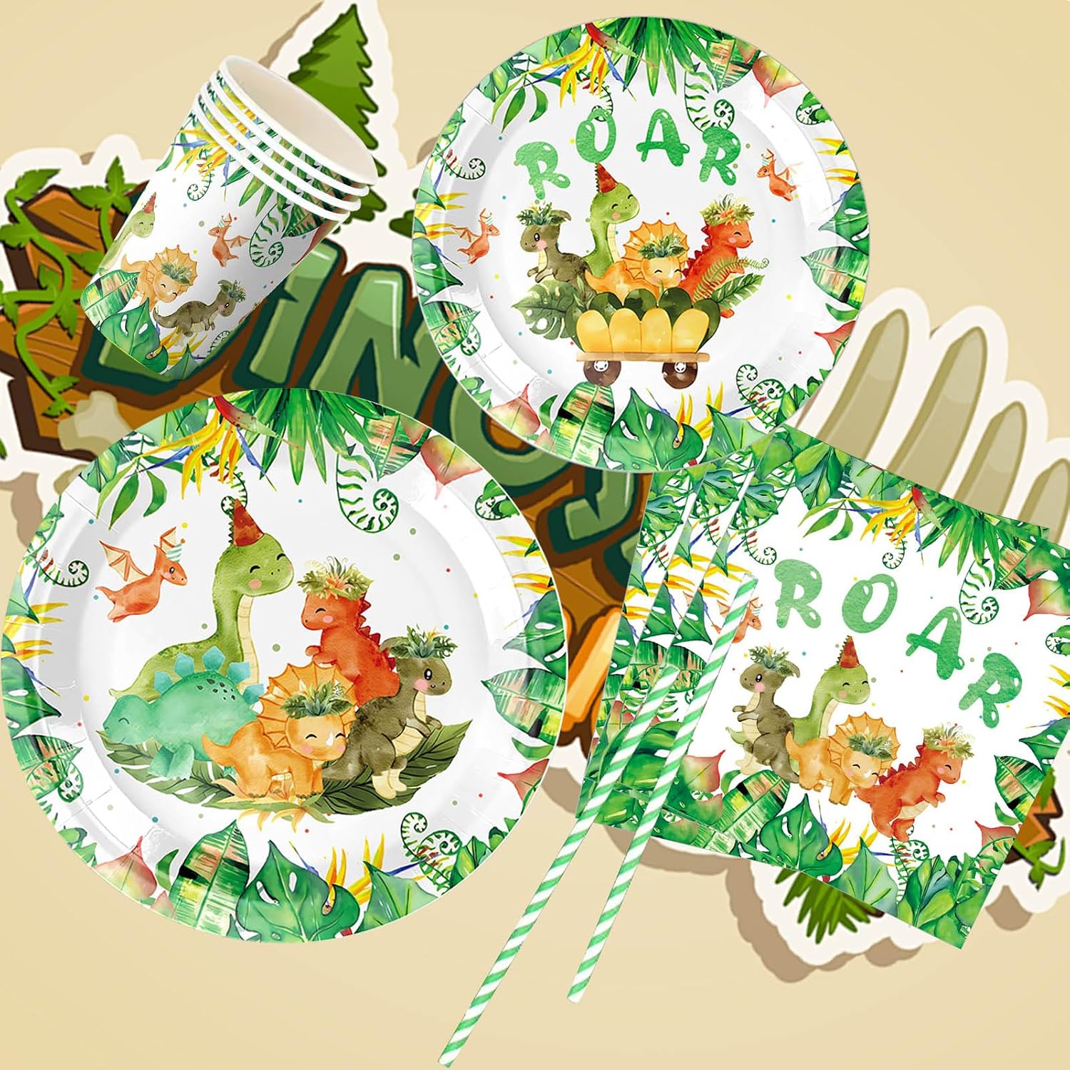 Detalle de Dino geburtstag Deko Partygeschirr-Set mit 60 Teilen für Kindergeburtstag – Pappteller, Becher, Servietten und Strohhalme