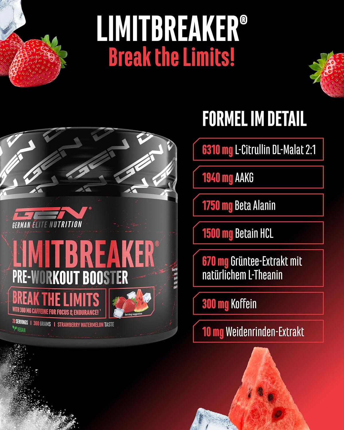 Detalle de LIMITBREAKER Pre Workout Booster mit Koffein 300 mg – Erdbeere Wassermelone, 360 g