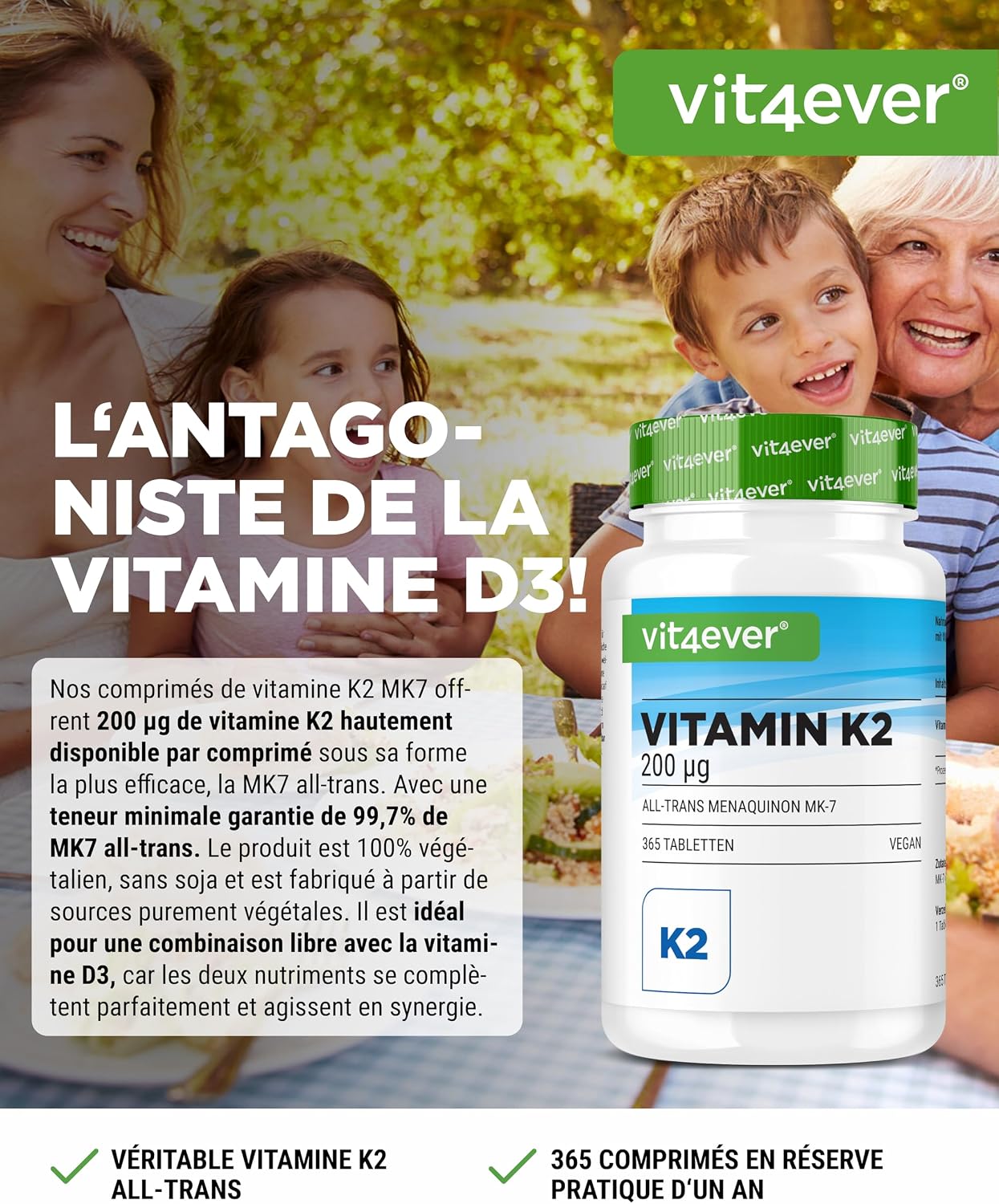 Thumbnail 1 de Vit4ever Vitamine K2 MK7-365 – 200 µg de vitamine K2 (MK-7) par comprimé, 365 comprimés, végane