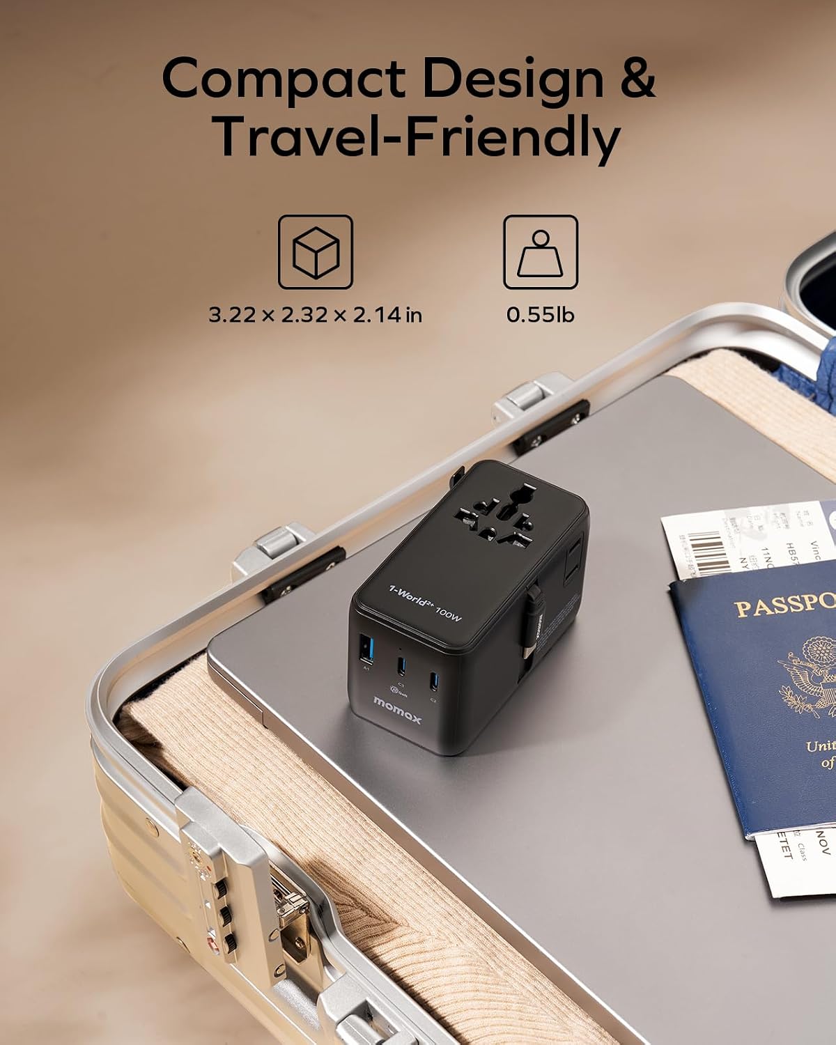 Detalle de Momax Universal Travel Adapter with Cable (100W GaN) – World-wide Plug Adapter for 200+ Countries