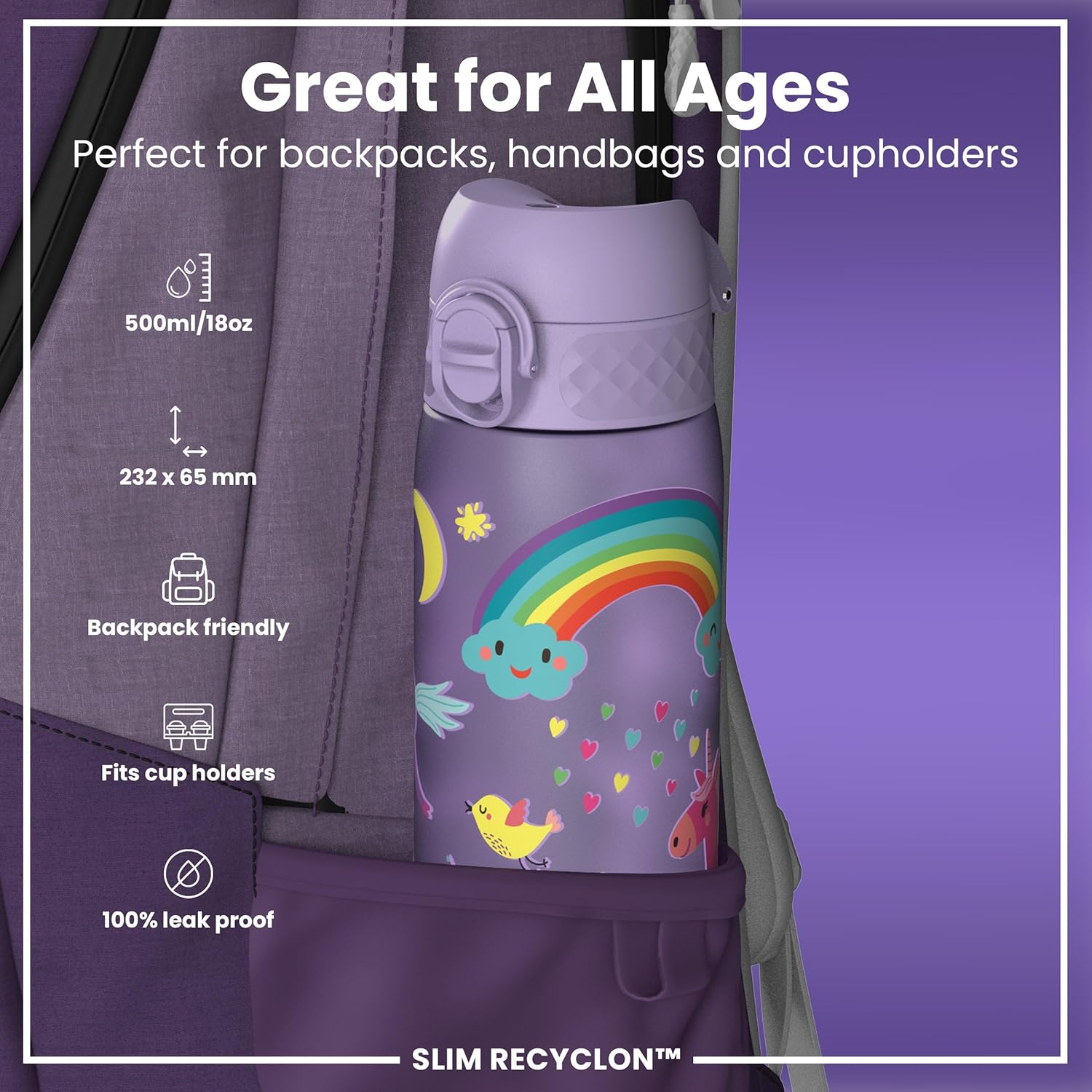 Thumbnail 1 de Ion8 Water Bottle 500ml/18oz Unicorn Edition: Slim, Leak-Proof, BPA-Free