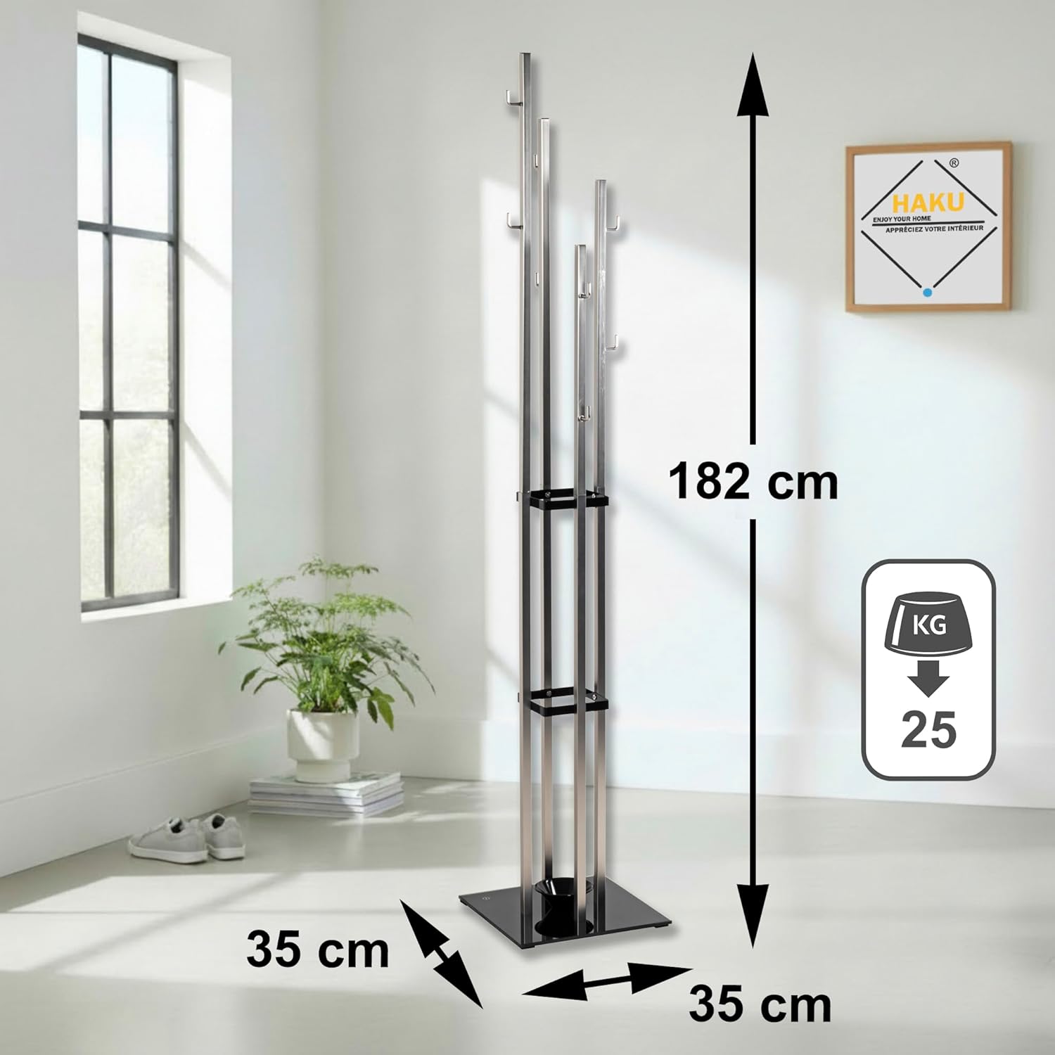 Detalle de HAKU Appendiabiti Aspetto Acciaio Inox Nero con Portaombrelli — Struttura in Metallo e Vetro di Sicurezza