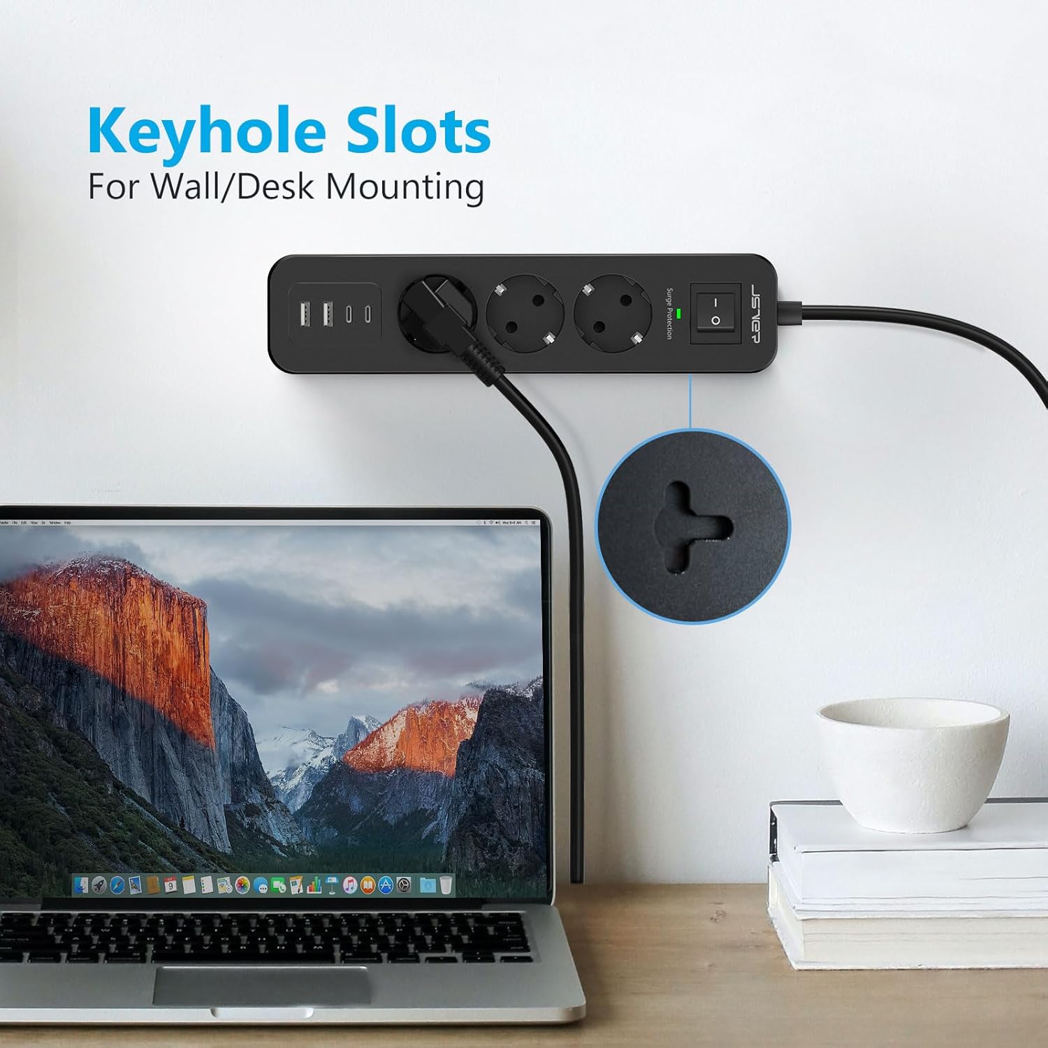 Detalle de Multipresa JSVER 7 in 1 con adattatore: 3 prese CA, USB-A e USB-C, prolunga 2 m