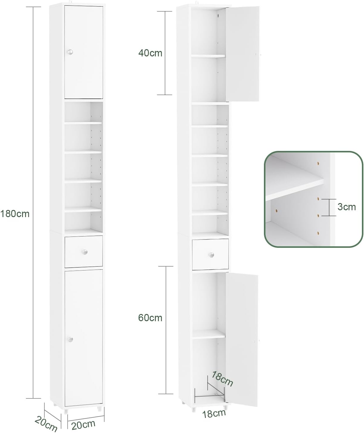 Detalle de SoBuy BZR34-W Bathroom Cabinet, 20 cm Slim White Storage with Adjustable Shelves