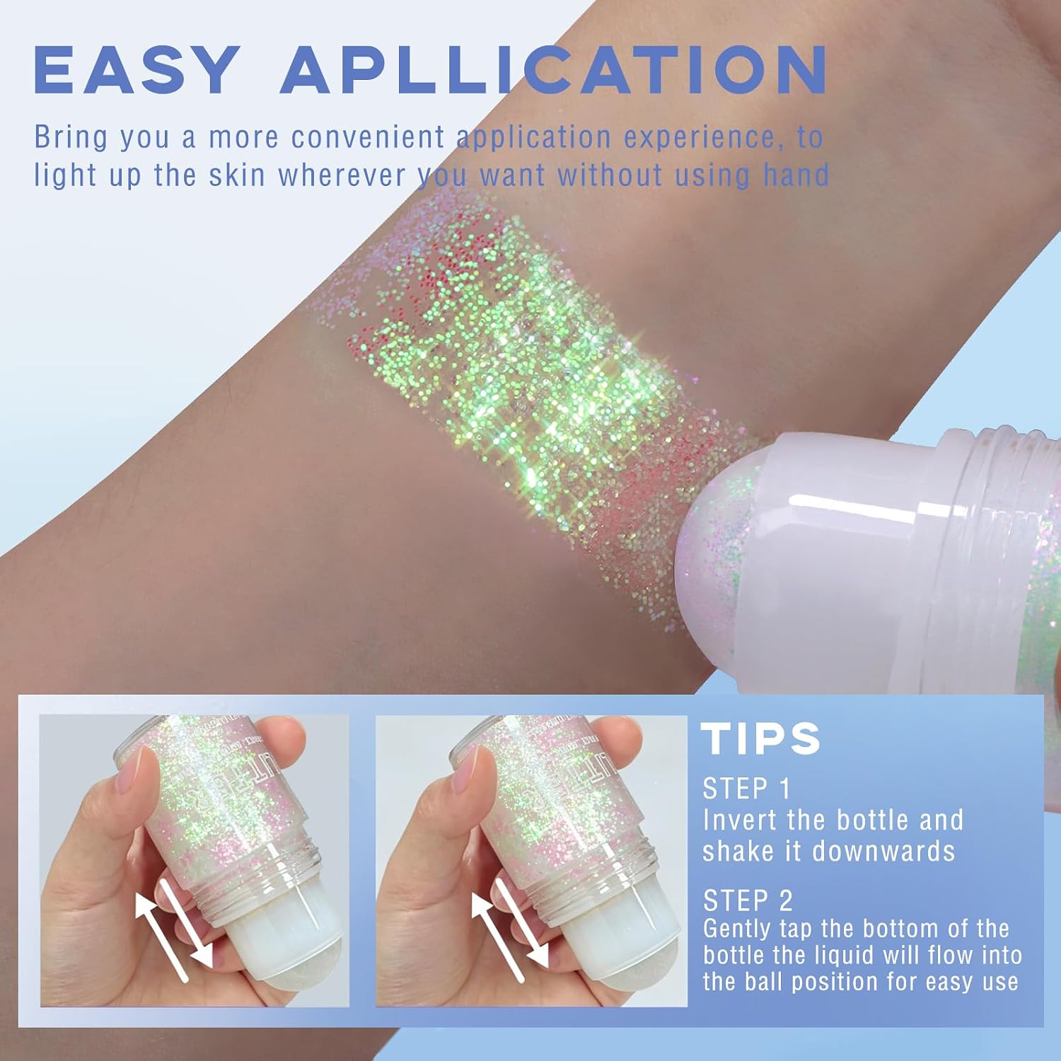 Detalle de Noerrors Roll-on Holographic Body Glitter Gel – Mermaids, Festival Sparkle & Multi-Use Glow
