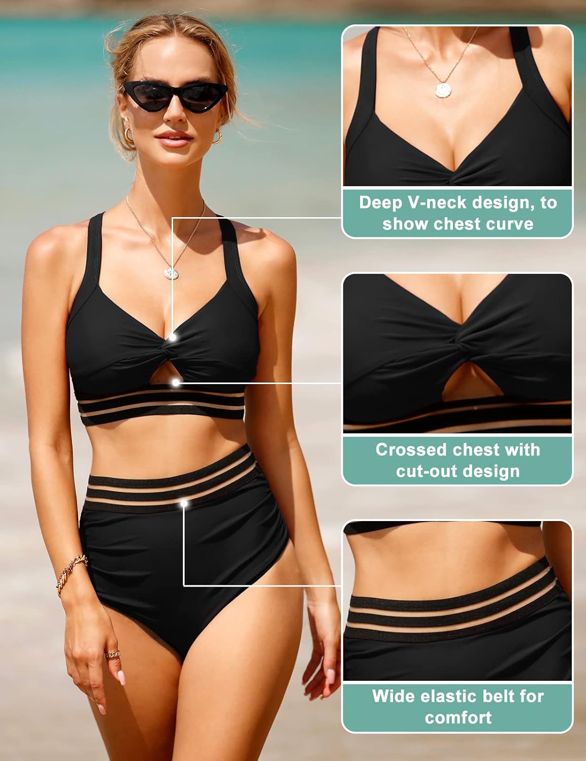Thumbnail 3 de Vancavoo set costume da bagno donna due pezzi vita alta con spalline incrociate