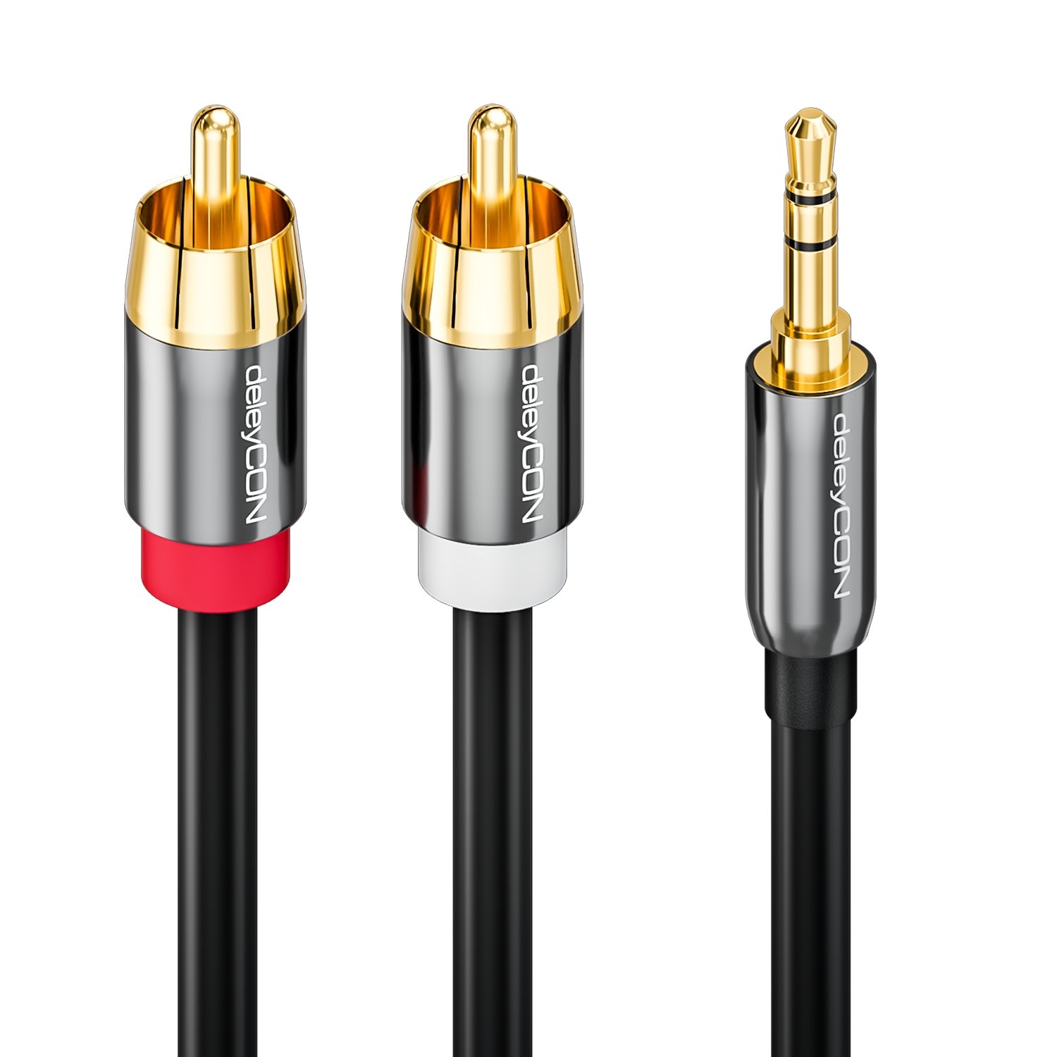 Thumbnail 2 de deleyCON 5m Klinkenkabel Cinch-Kabel – 3,5 mm Klinke zu Cinch RCA, 1x Klinkenstecker auf 2x RCA, Metallstecker, Schwarz