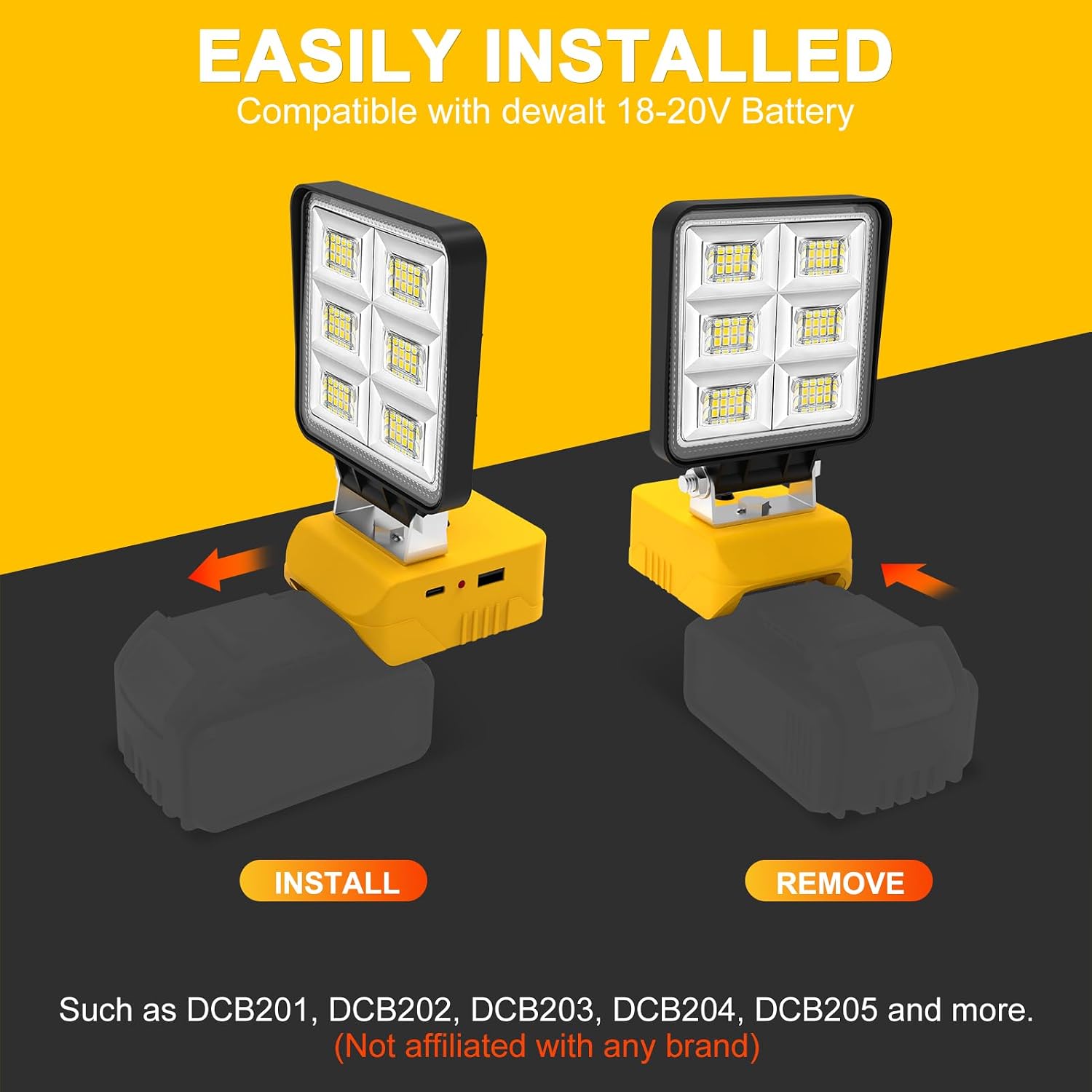Detalle de NATPOW LED Work Light compatible with DeWalt 18V battery (2-mode flood light, USB & Type-C) – cordless worksite lamp (No battery)