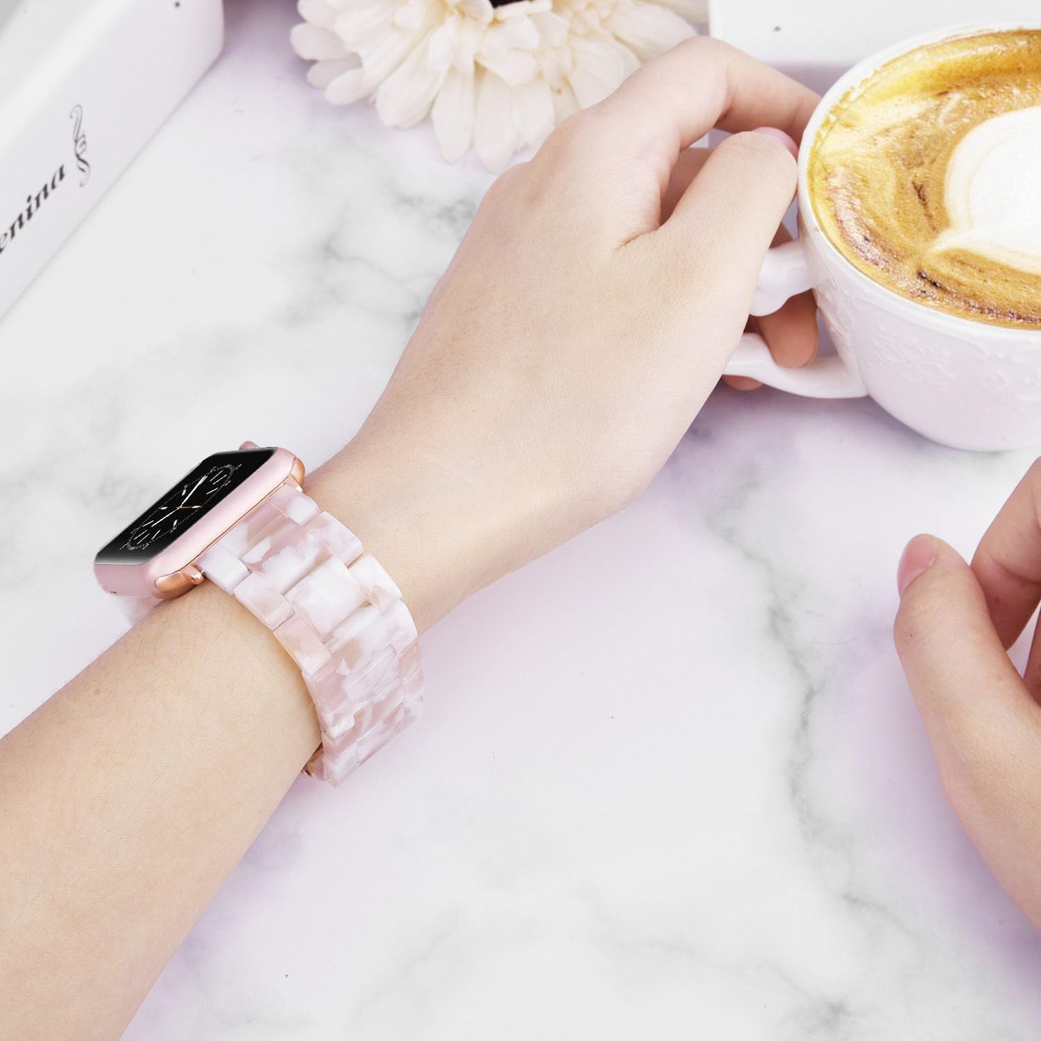 Detalle de V.R.HOPE Modern Resin Straps for Apple Watch (Pink Floral, Rose Gold) – Lightweight 38/40/41/42mm bands