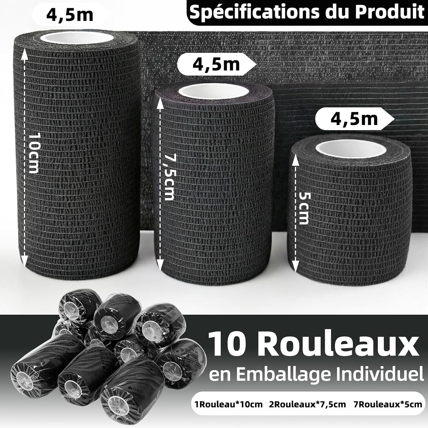 Thumbnail 2 de Bandage autoadhésif HONYAO – 10 rouleaux, 3 tailles, noir