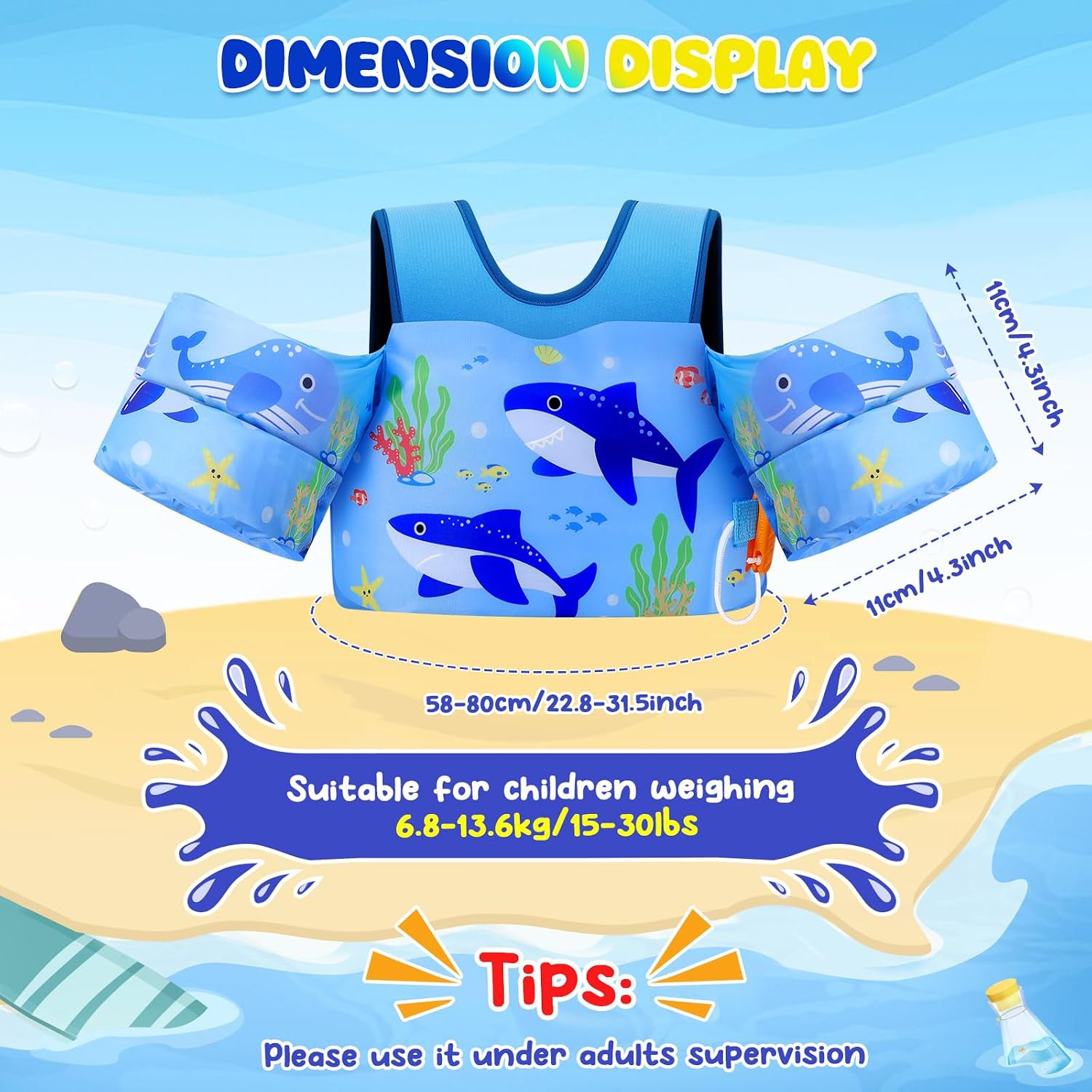 Detalle de MoKo Toddler Swim Vest for Kids (13-30/20-50/22-66 lbs) – Non-Inflatable Nylon & EPE Foam, Safe Buckle, Whistle, and Colorful Arm Floaties
