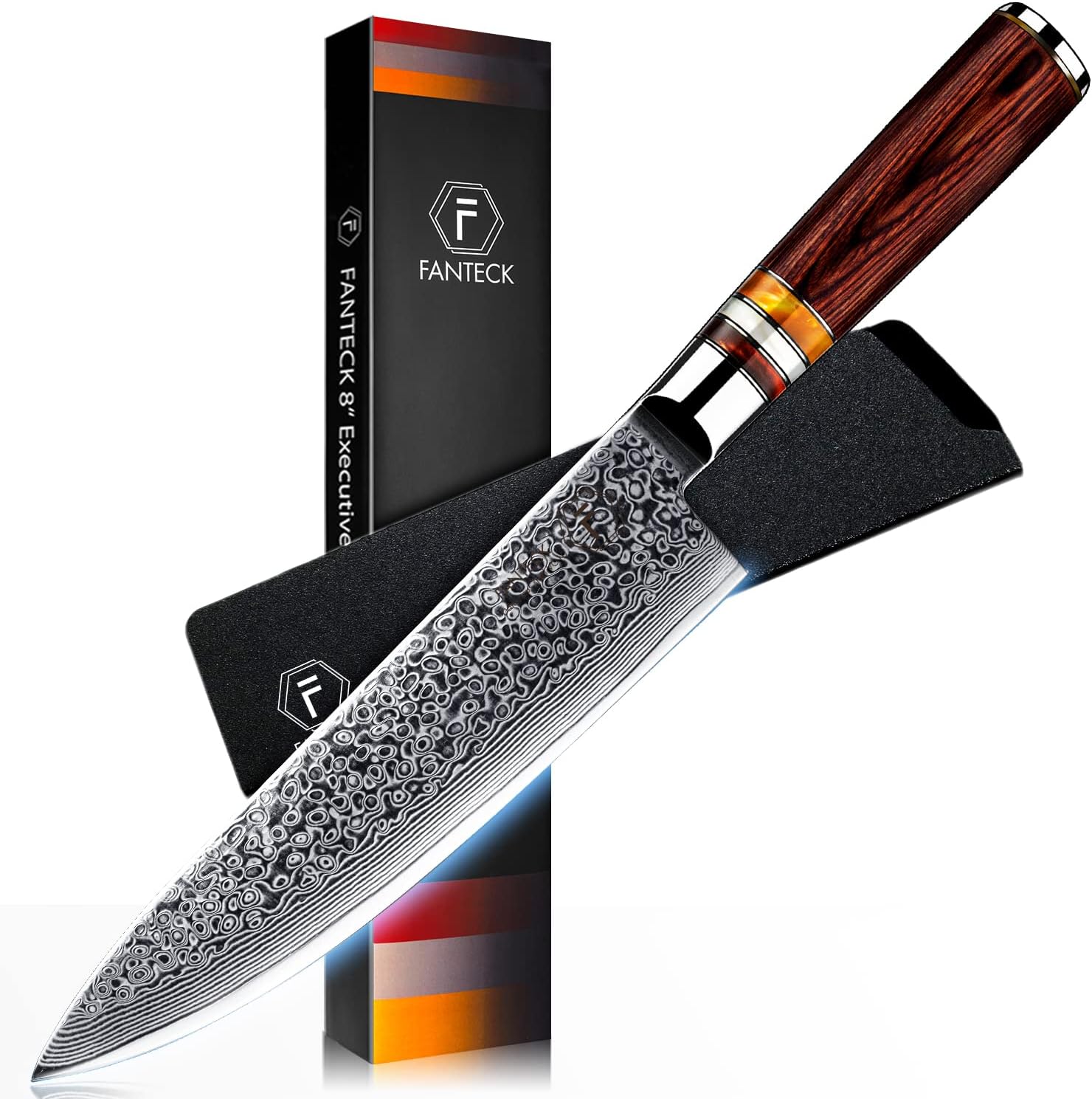 Detalle de FANTECK Damastmesser 20 cm „67 Schichten“ mit VG-10 Damaststahl & Pakkaholzgriff (Gyuto)