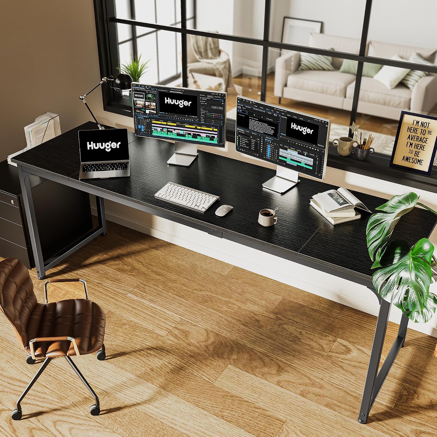 Detalle 2 de Huuger 80-Inch Computer Desk, Black Engineered-Wood Top, Metal Frame