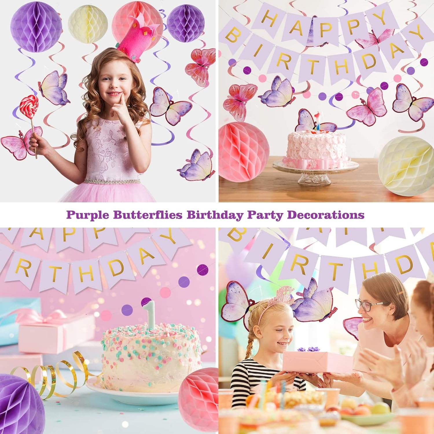 Thumbnail 5 de Lsoar Lila Geburtstagsdekorationen: Happy Birthday Banner mit Schmetterlingen, Honeycomb-Bällen & Luftschlangen