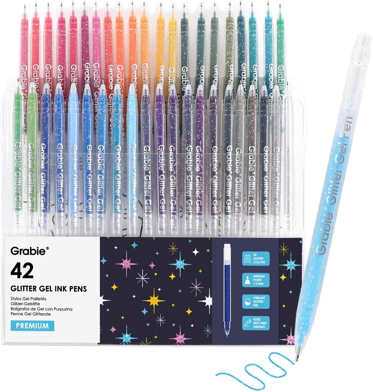 Grabie 42 Capped Glitter Gel Pen Set (42 colours), Medium 1.0mm Rollerball Glitter Gel Pens