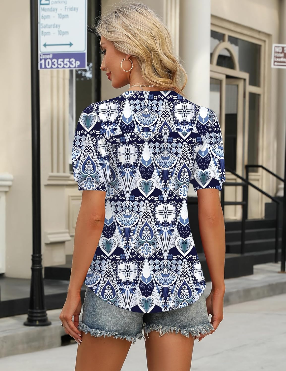 Thumbnail 1 de Rapbin Damen Bluse V-Ausschnitt Knopfleiste Tunika – Sommerleichtes T‑Shirt Top mit Puffärmeln
