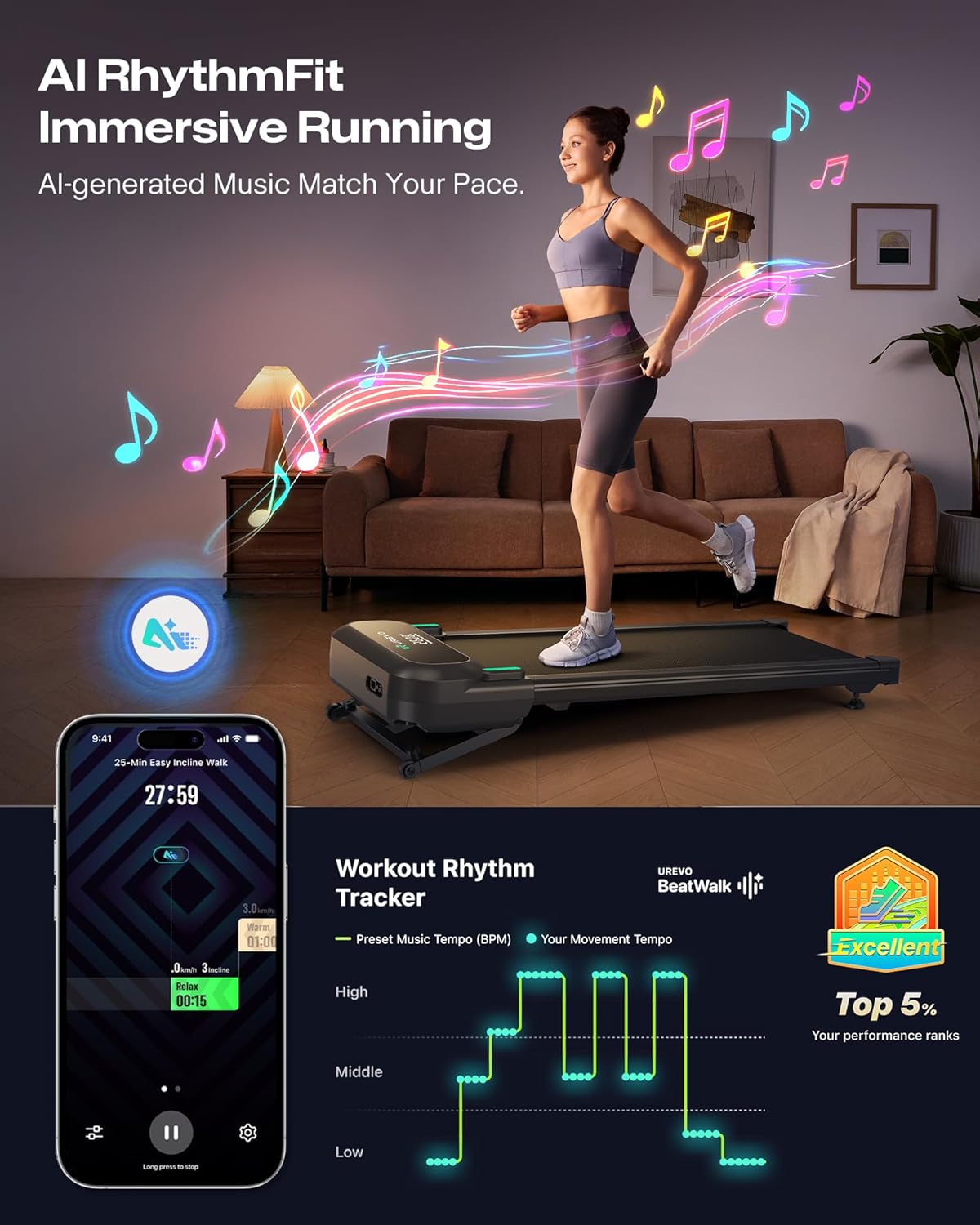 Detalle de UREVO Tapis de Course Inclinaison Automatique à 9% – Marche et randonnée à domicile, avec entraînements HIIT et IA