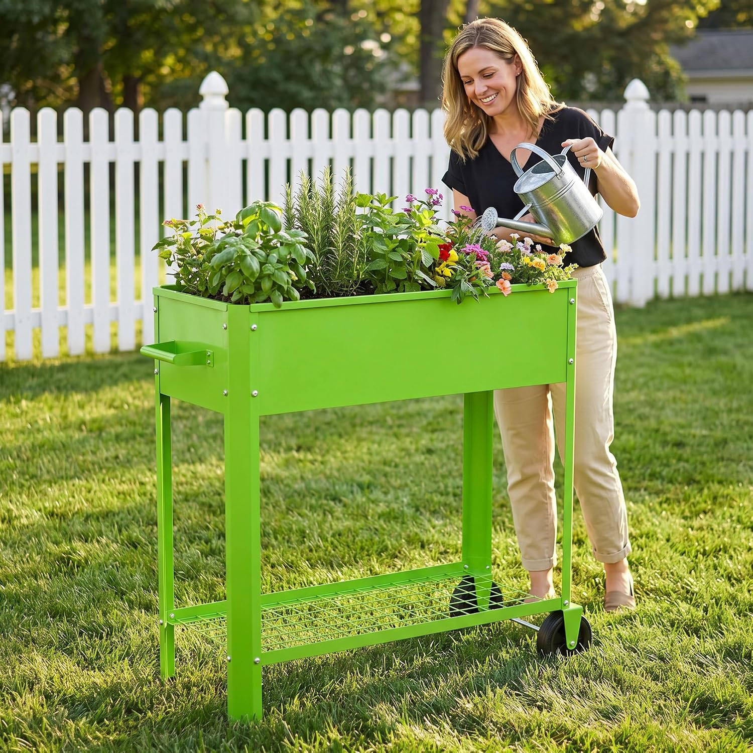 Detalle de UISEBRT Mobile Raised Bed, 56 L, 80 cm High with Wheels and Shelf