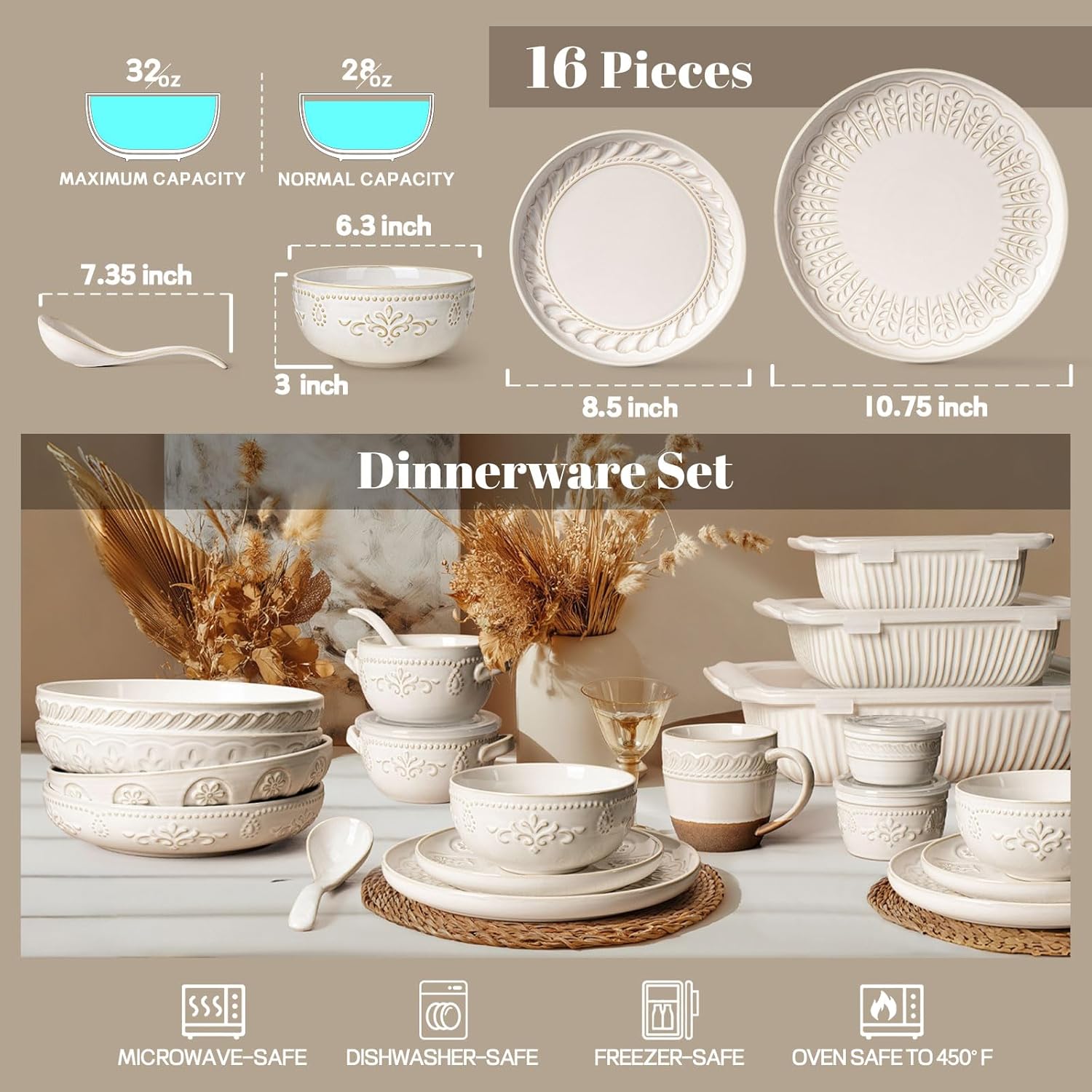 Thumbnail 5 de Artena 16-Piece Ceramic Dinnerware Set for 4 (Plates, Bowls & Soup Spoons)