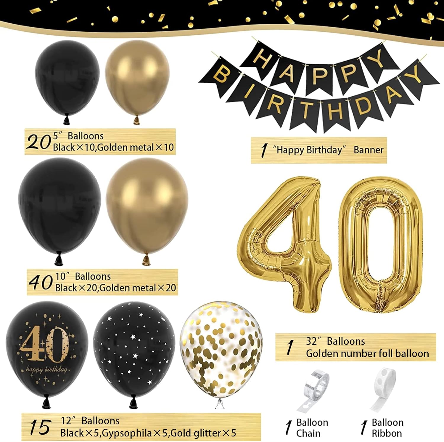 Detalle 1 de 40 Geburtstag Deko Set Schwarz Gold