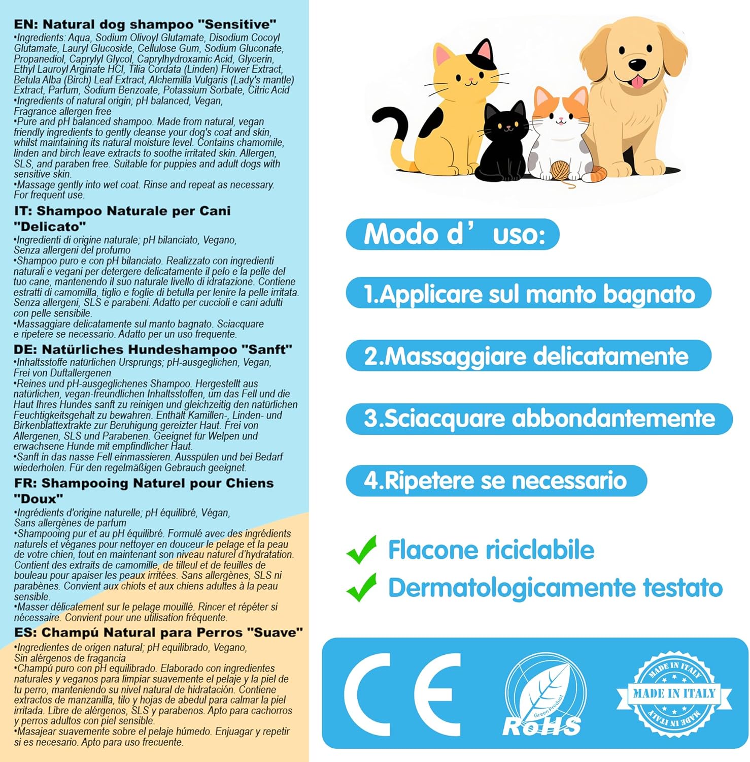 Thumbnail 5 de Aspand Shampoo Naturale Sensitive Delicato per cani adulti e cuccioli, senza profumo e coloranti, pH bilanciato – 250 ml