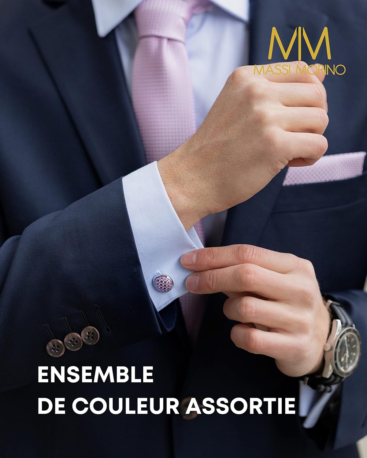 Detalle de Coffret cravate homme Massi Morino Morino 5-en-1 (cravate, mouchoirs, boutons de manchette et pince à cravate)