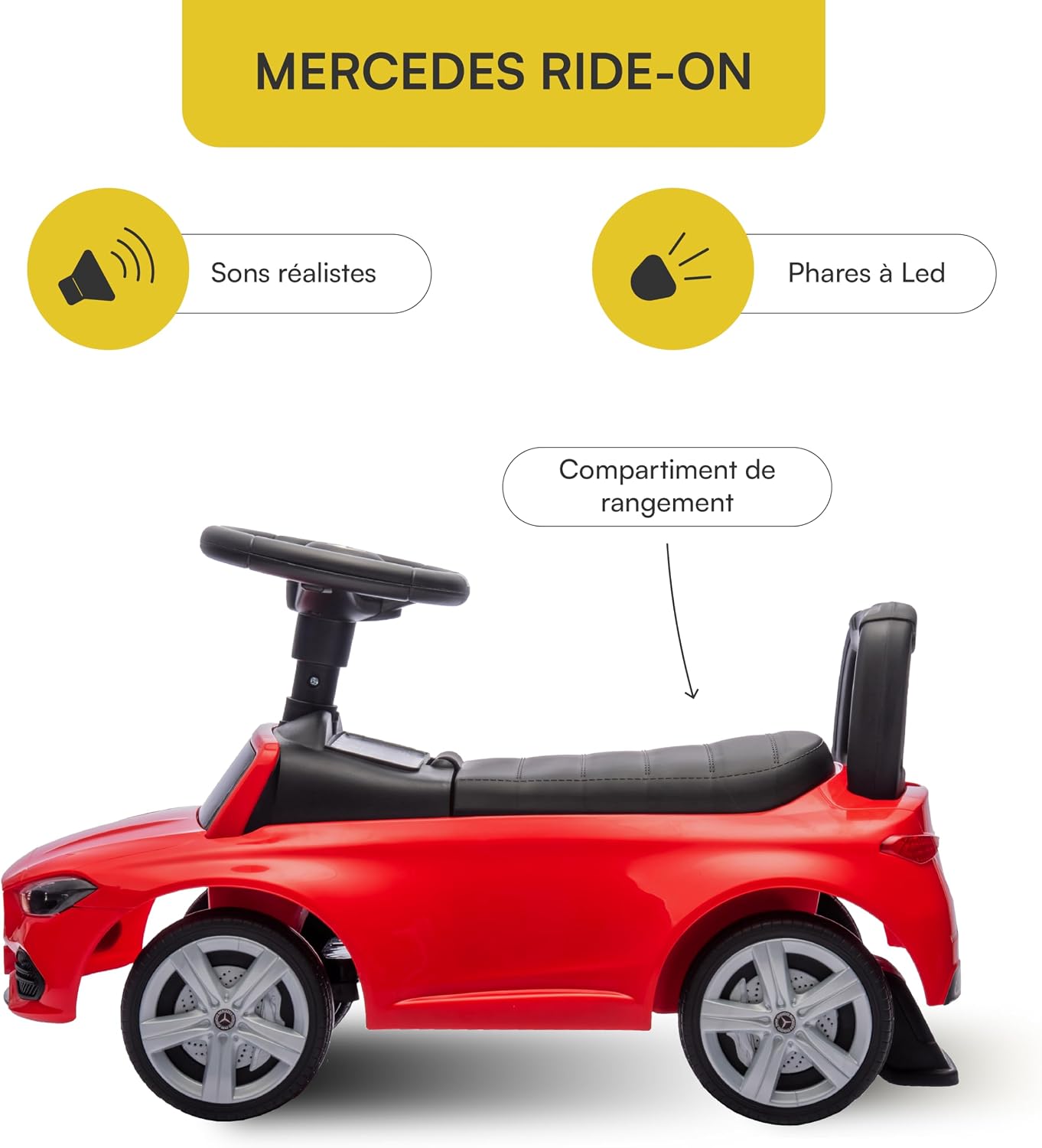 Detalle de Baroni Toys Mercedes Ride-On pour Enfants 1–4 ans – Rouge, phares LED et sons réalistes