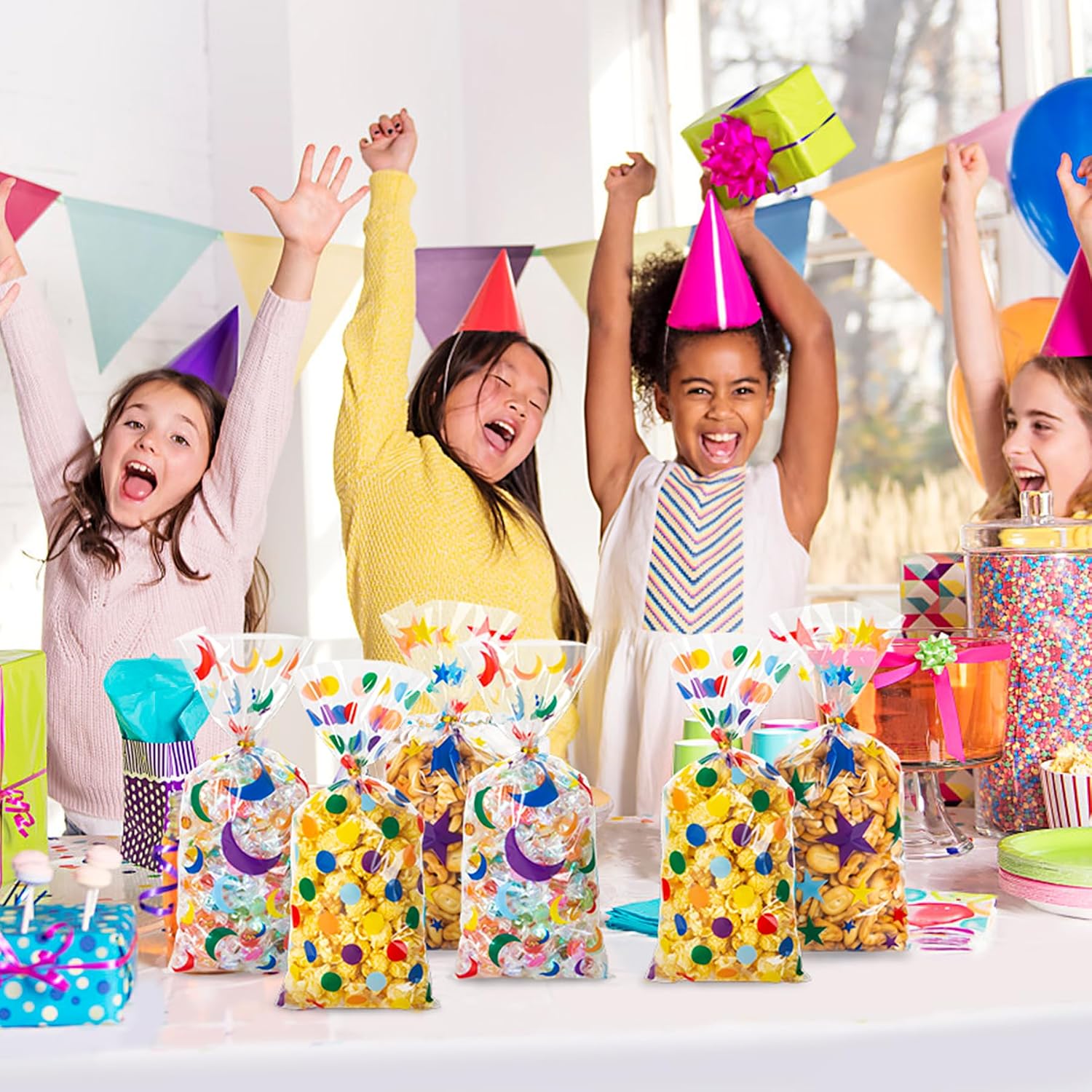 Thumbnail 5 de 100 Pcs Cellophane Treat Bags Rainbow Stars and Dots ⌛🎉
