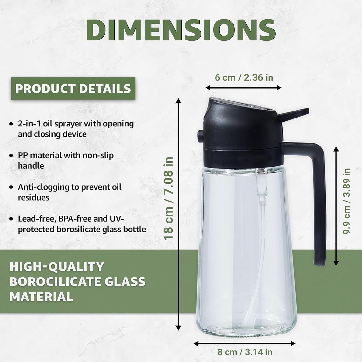 Thumbnail 1 de 2-in-1 Glass Oil Spray Bottle & Dispenser – 470ml Olive Oil Sprayer (2 Pack, Black & Green)