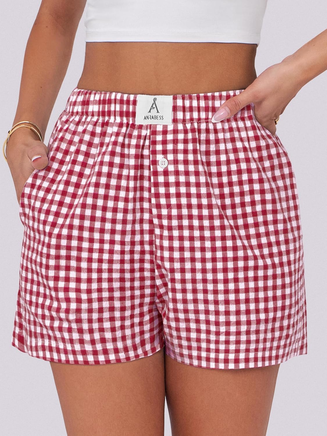 Thumbnail 4 de ANRABESS Women's Gingham Boxer Shorts Pajama Wear — Lightweight Rayon, Elastic Waist, 2026 Summer