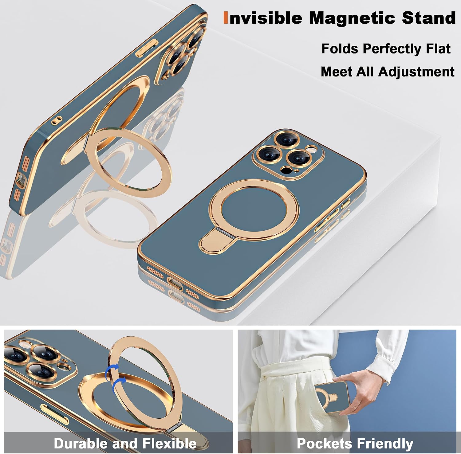 Detalle 2 de ETPESOK Plating Case with Magnetic Ring Stand for iPhone 15 Pro Max (Grey Blue)