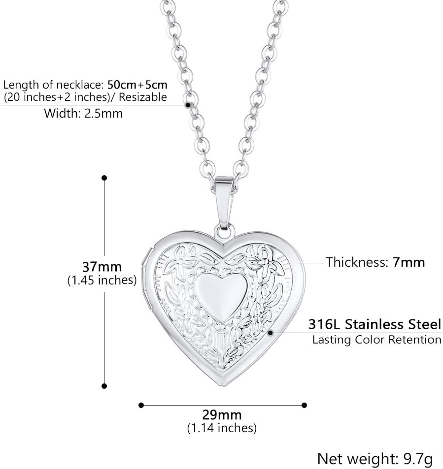 Detalle de PROSTEEL collana con medaglione portafoto cuore fiore in acciaio inox 316L, catena regolabile (argento) – confezione regalo