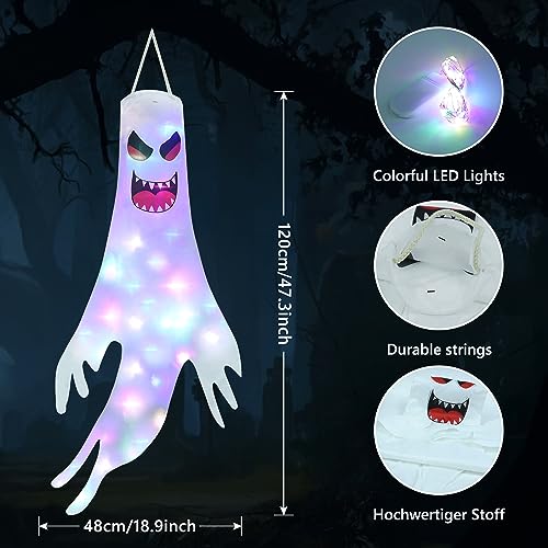 Detalle de Qedertek Halloween Deko Outdoor – 2 Stück 120 cm Geister Windsäcke mit Lichterkette