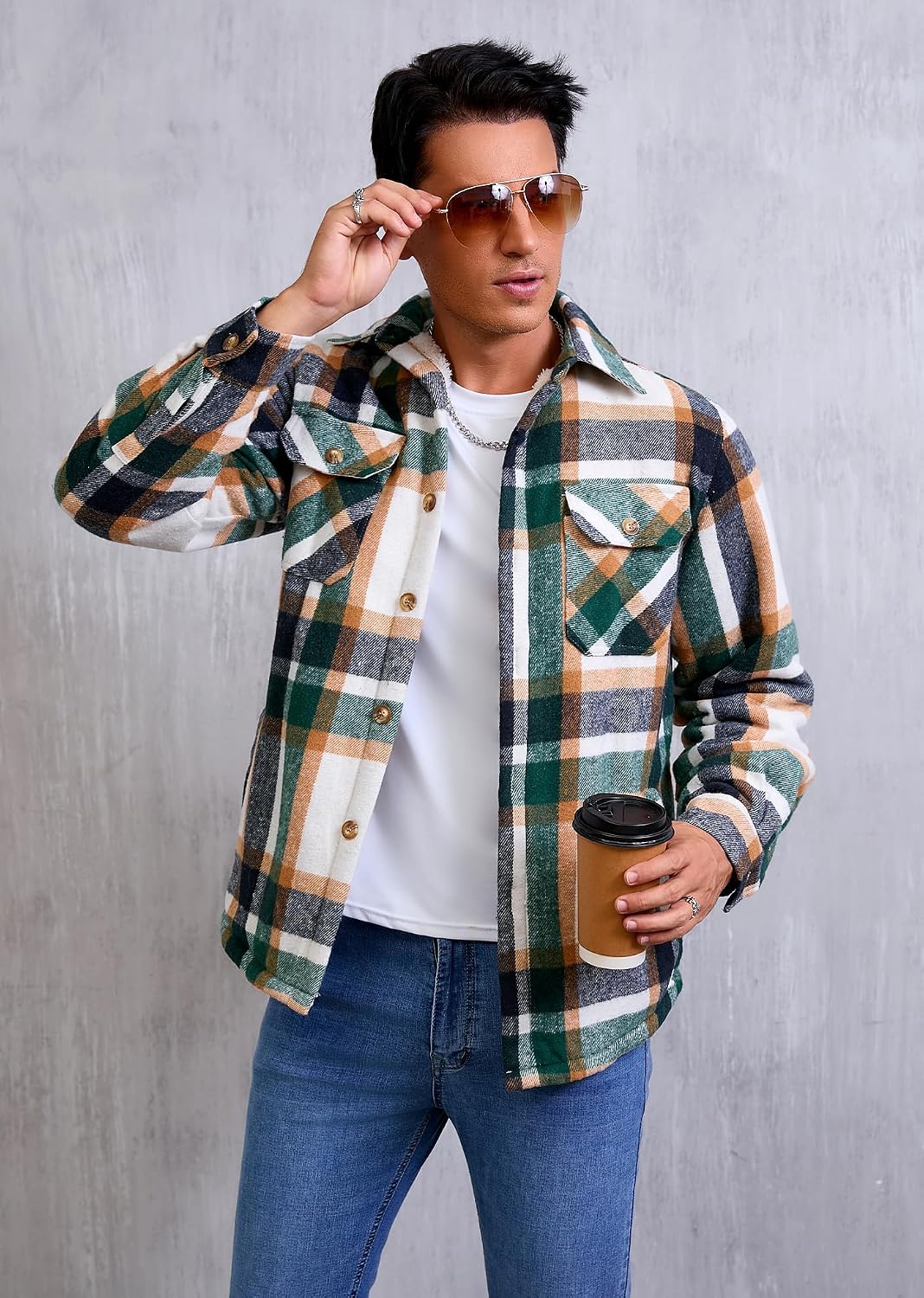 Detalle 2 de WINDFIT Men's Sherpa-Lined Plaid Flannel Shirt Jacket, Button-Down