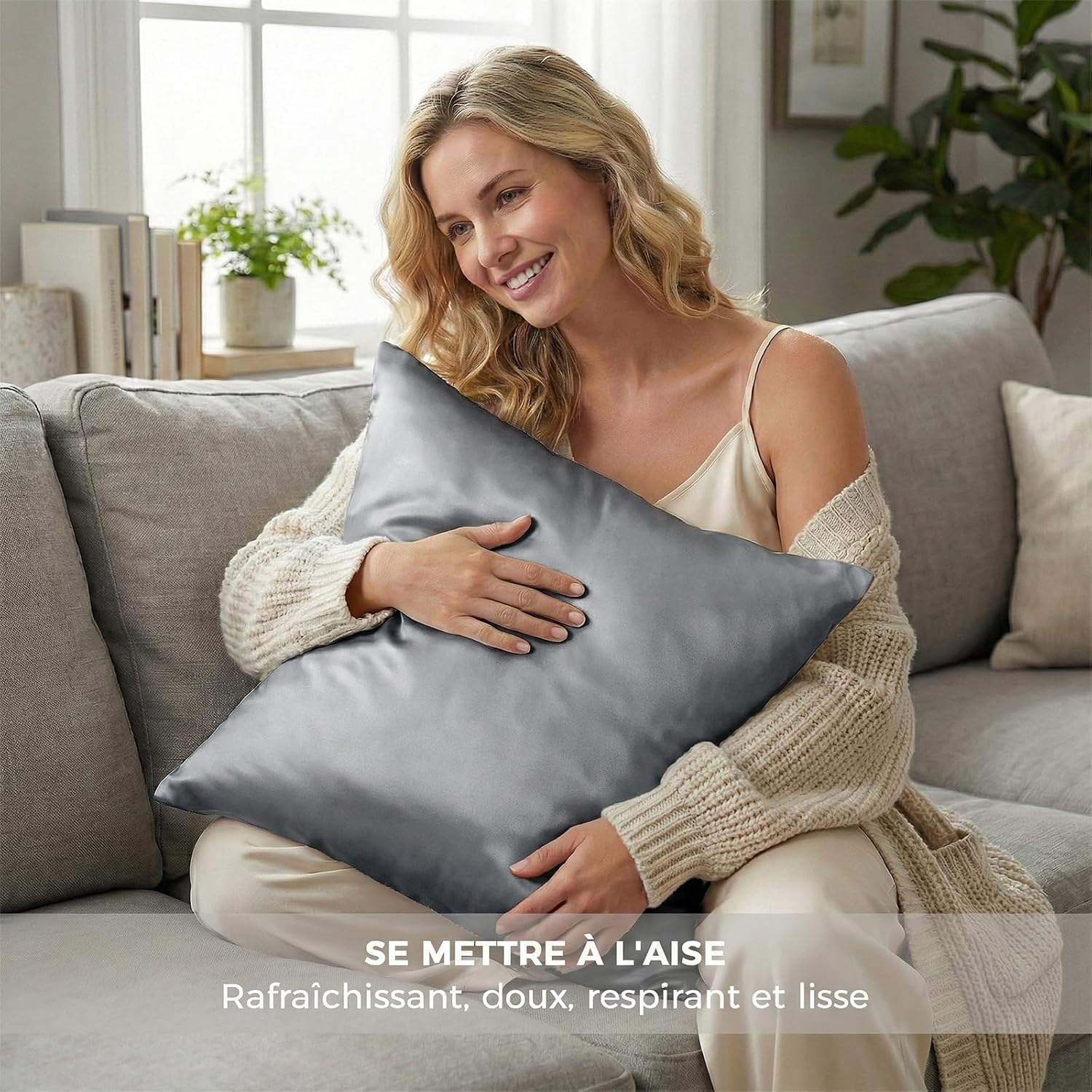 Detalle 2 de Taie d’oreiller satin 65x65cm – Gris foncé, 2 pièces, soin peau et cheveux