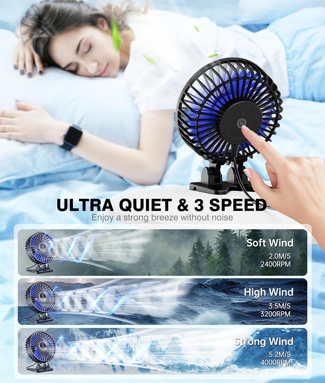 Detalle de JZCreater JZC-B01 USB Desk Fan, 3 Speeds, Compact Black Blue