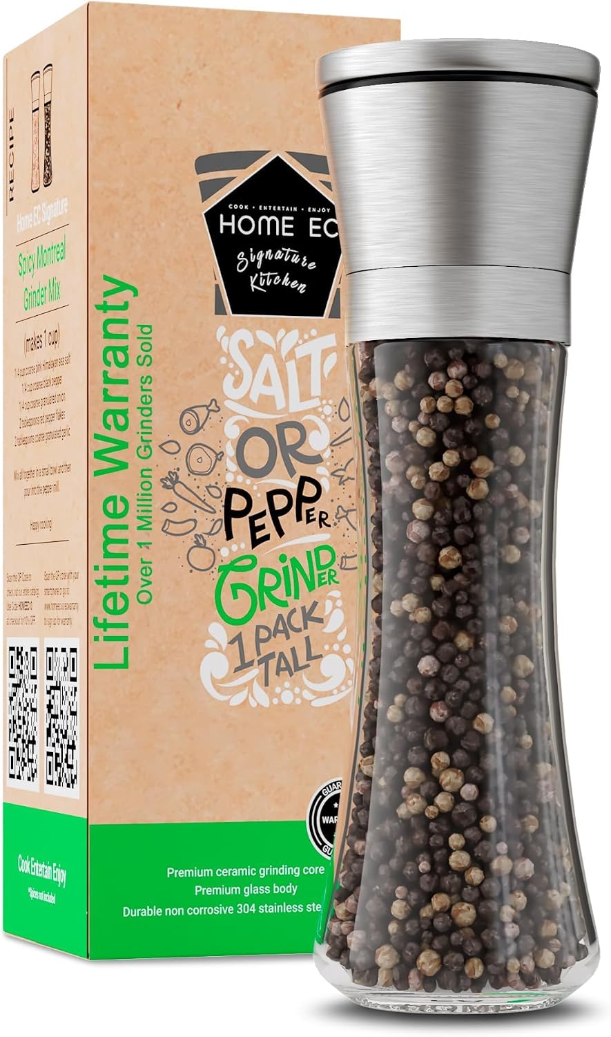Detalle de HOME EC Original Stainless Steel Salt or Pepper Grinder — Tall Glass, Adjustable Ceramic Grinder