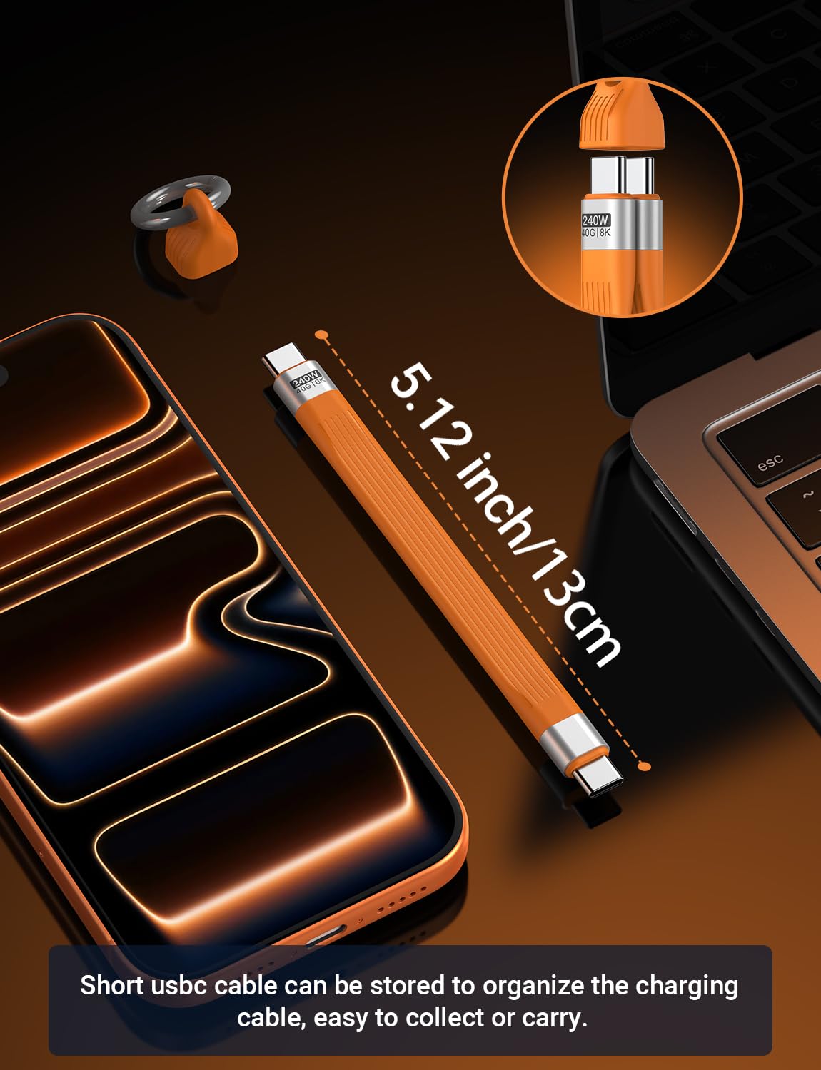 Detalle de VAFOTON PD 240W Short USB-C Cable: 6-Inch Power, 40Gbps Data, 8K60 Video, Thunderbolt 3/4 Ready