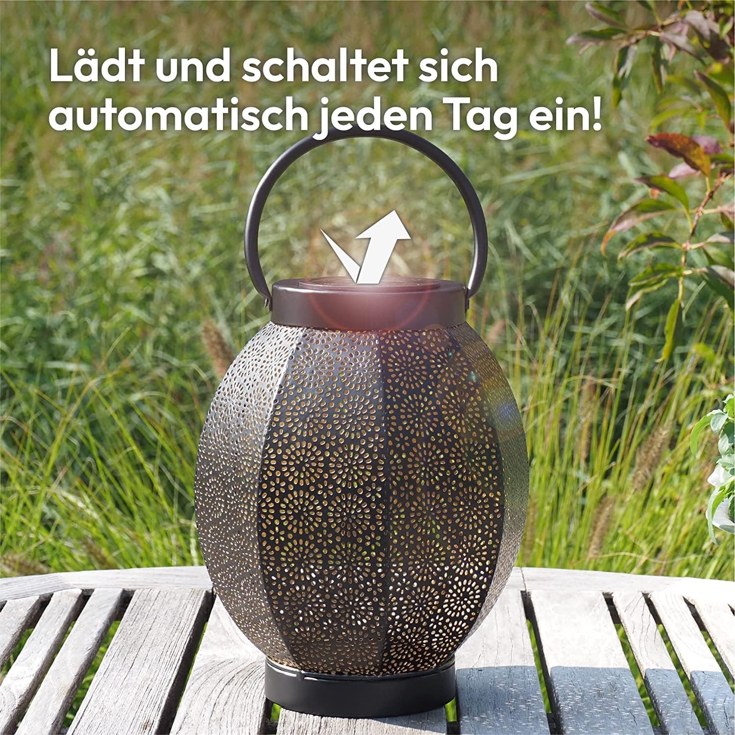 Detalle de Gadgy GG0898 solcellslykta i metall med orientaliskt mönster