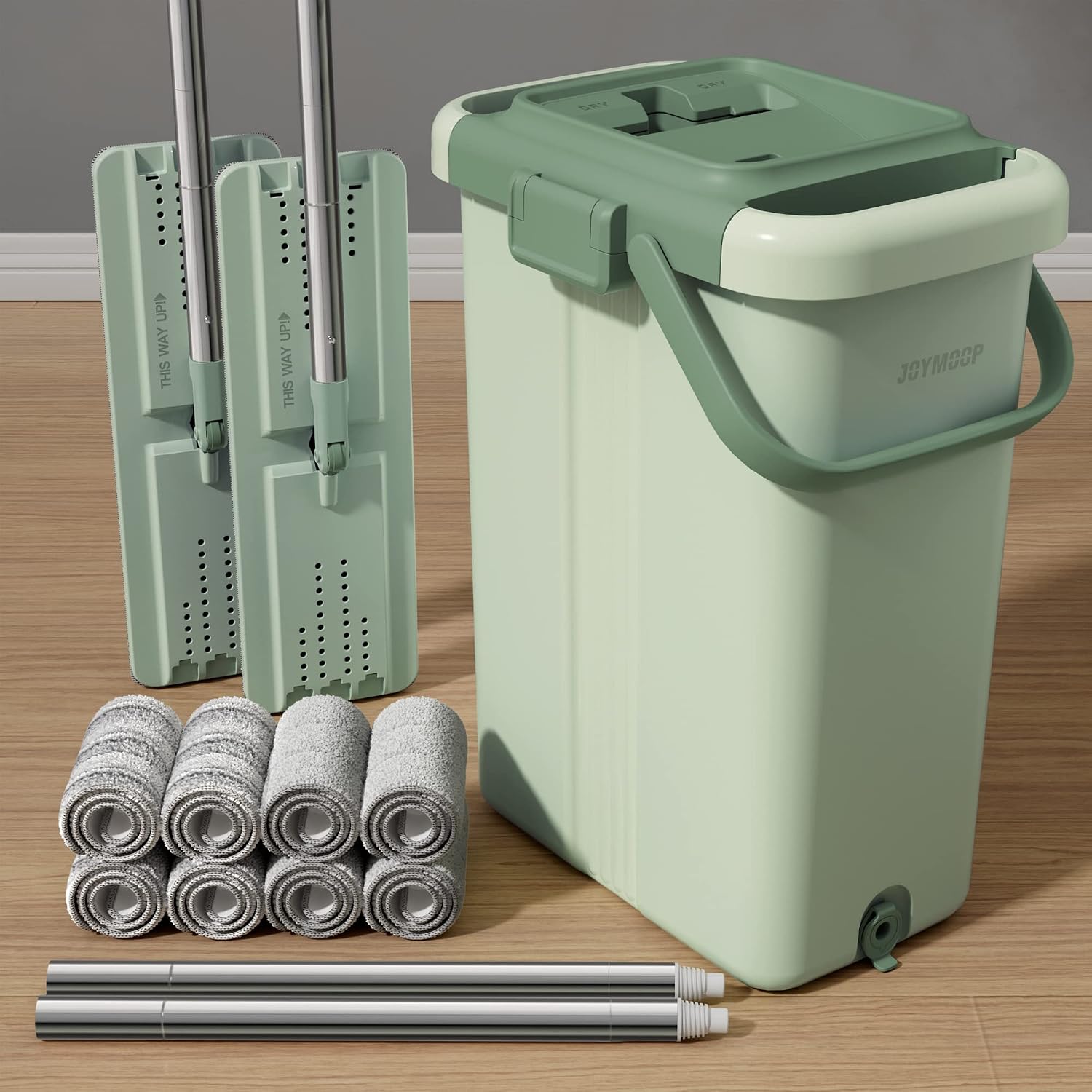Detalle de JOYMOOP Bucket #5 Green Flat Mop System with Dual-Chamber Bucket and 8 Pads