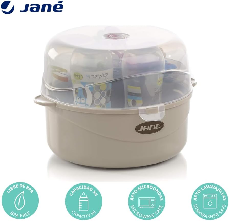 Detalle 2 de Stérilisateur micro-ondes Jané pour 6 biberons, avec panier tétines et pince, sans BPA (gris)