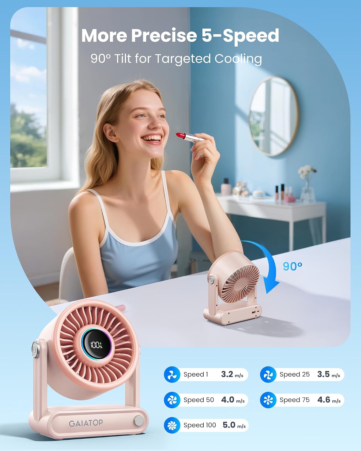 Detalle 2 de Gaiatop Rechargeable Desk Fan with Power Bank and RGB Ring — 6000mAh, Quiet 5-Speed