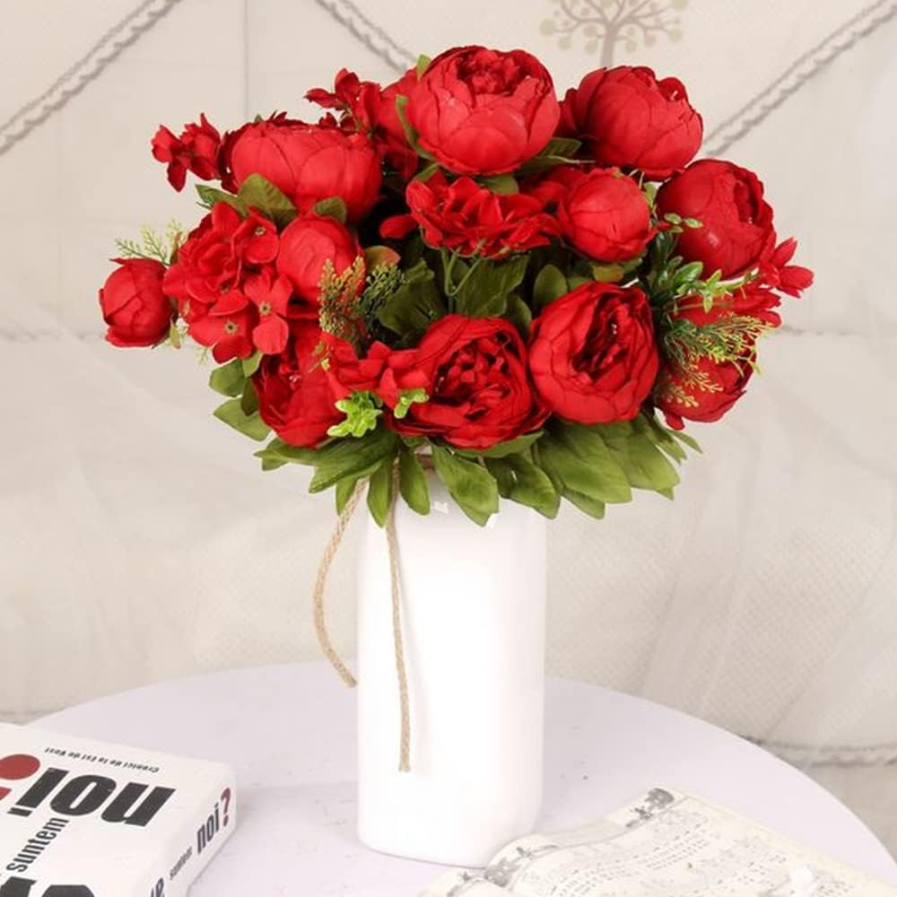 Thumbnail 1 de 10 Heads Peonies Artificial Flowers Bouquet – 17.5" Red Silk Peony Arrangement for Home, Garden, and Event Décor