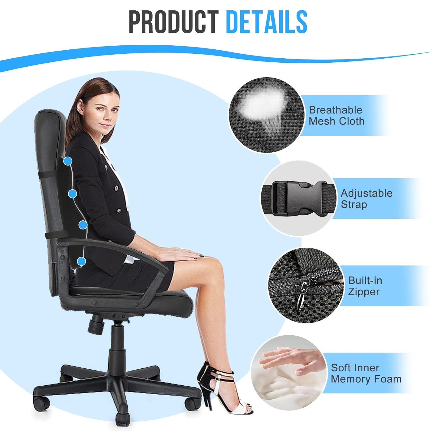 Thumbnail 4 de Lumbar Support Cushion, Memory Foam Back Support For Office Chairs and Car Seat, Mesh Back Rest for Gaming Chair, Memory Foam Pillow, Desk Chair Cushion, Breathable & Washable Cover, Adjustable Straps
Lumbar Support Cushion, Memory Foam Back Supp…