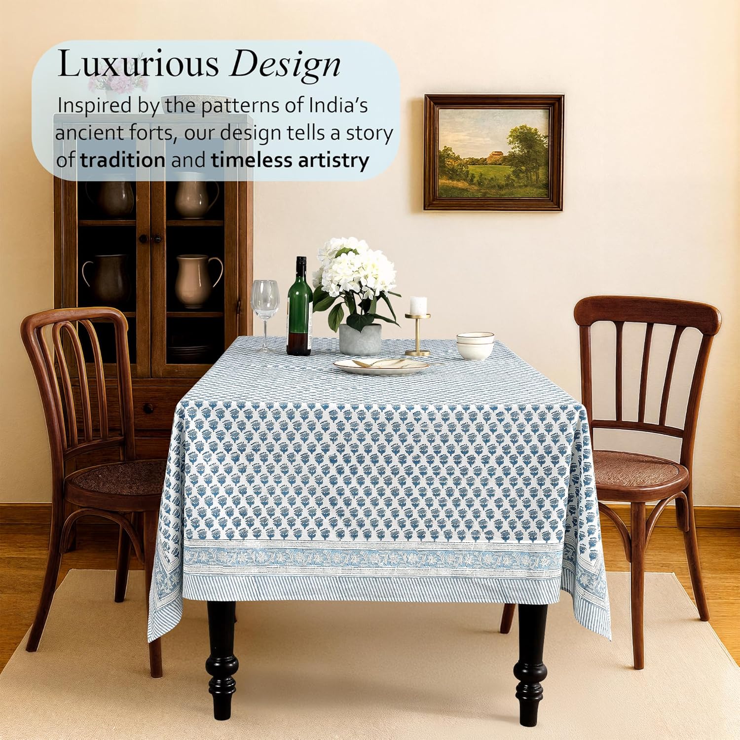 Thumbnail 1 de CPC Tablecloth 100% Cotton 70x108 Inch Indian Block Print Blue Tablecloth