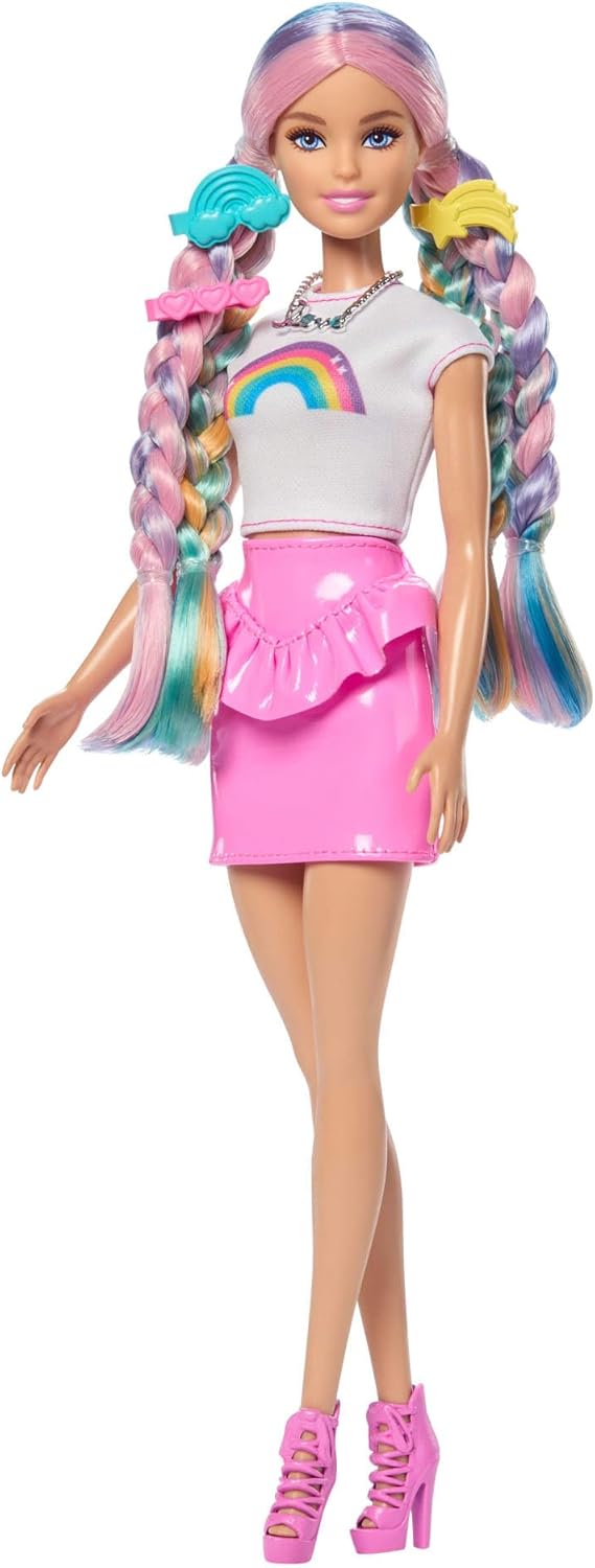 Thumbnail 4 de Barbie Regenbogen-Glitzerhaar Puppe JJP07 – Lange bunte Haare, 12 Styling-Zubehör